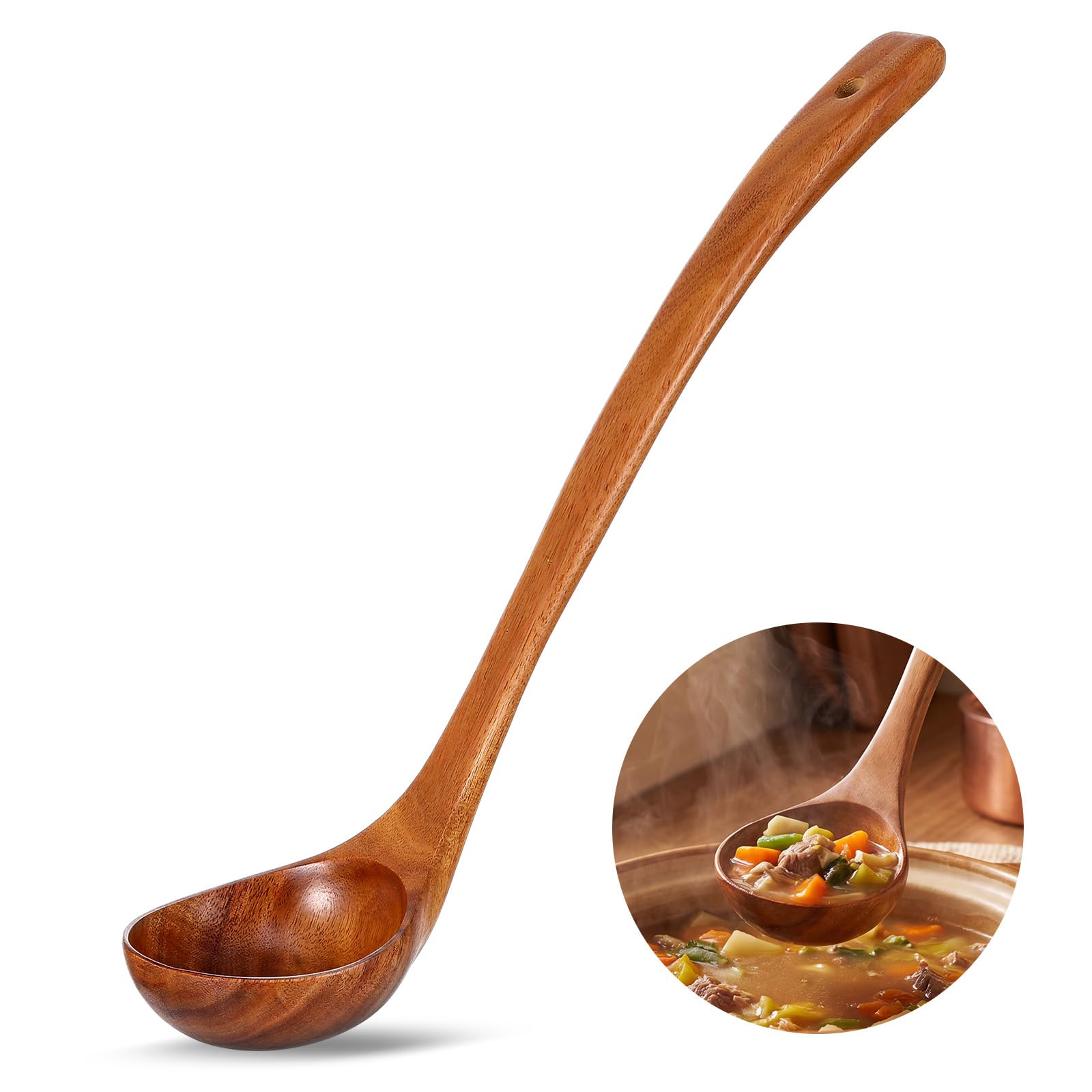 Hushee Wooden Ladle for Cooking 13.8 Inch Acacia Soup Spoon Ladle with Long Handle Nontoxic Natural Wood Soup Spoon for Gravy S