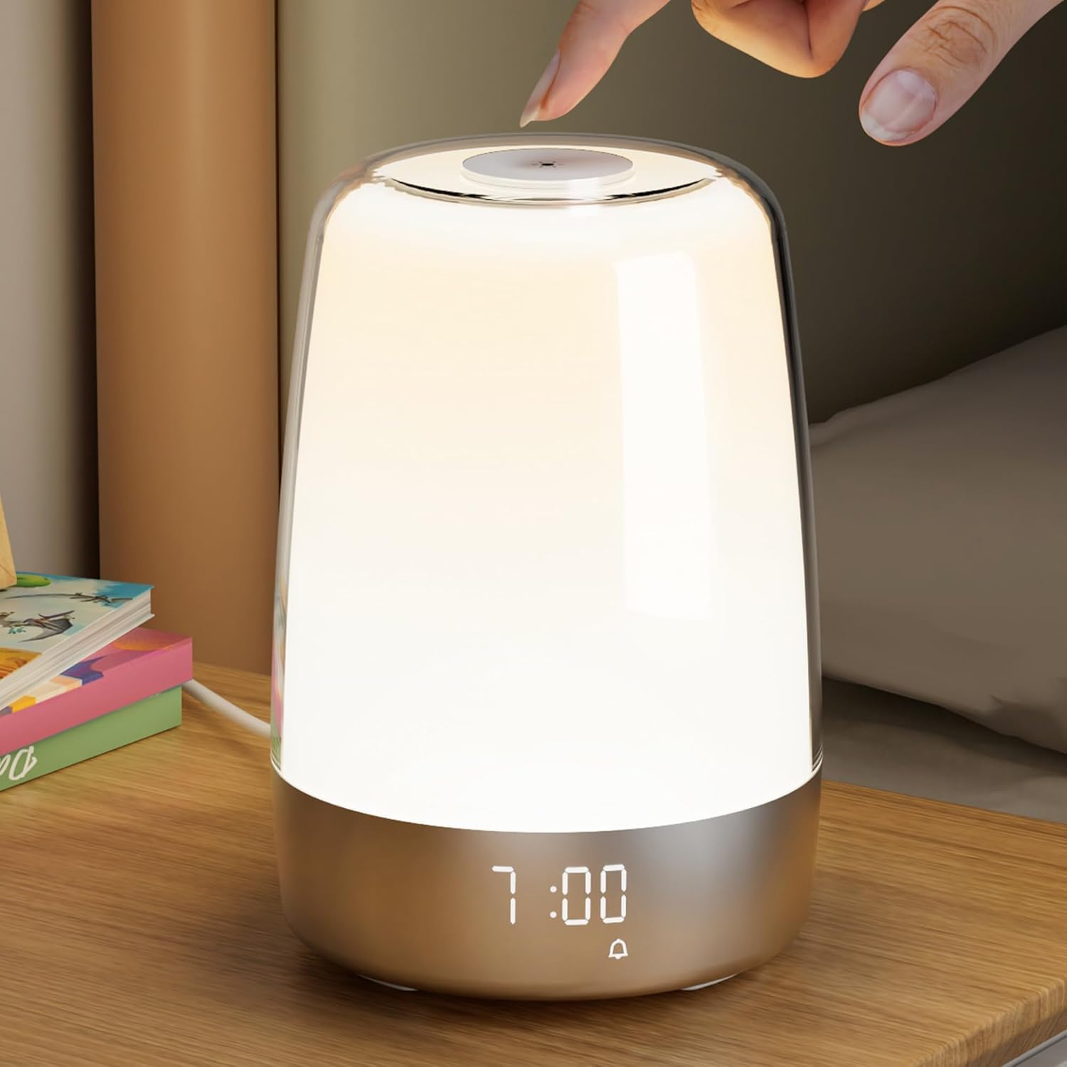 Kienlix Touch Wake Up Night Light With Sunrise Simulation Alarm Clock, 3 Ways Dimmable Warm White Bedside Lamp For Kid Bedrooms 