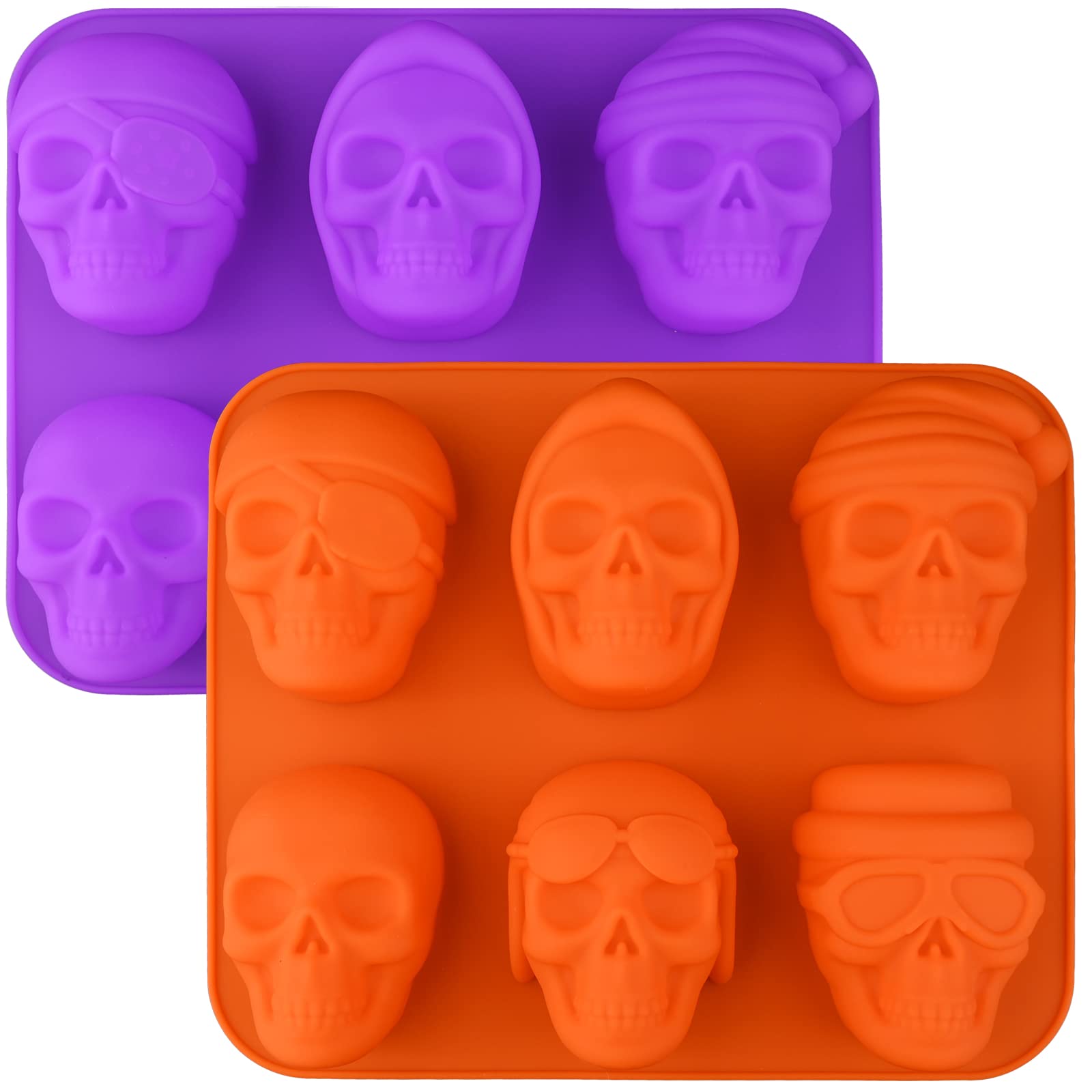 Sakolla Large Skull Cake Pan Silicone Molds, 2 Pack 6 Cavity Halloween Skull Cakeletchocolate Molds Candy Pizza Baking Molds Han