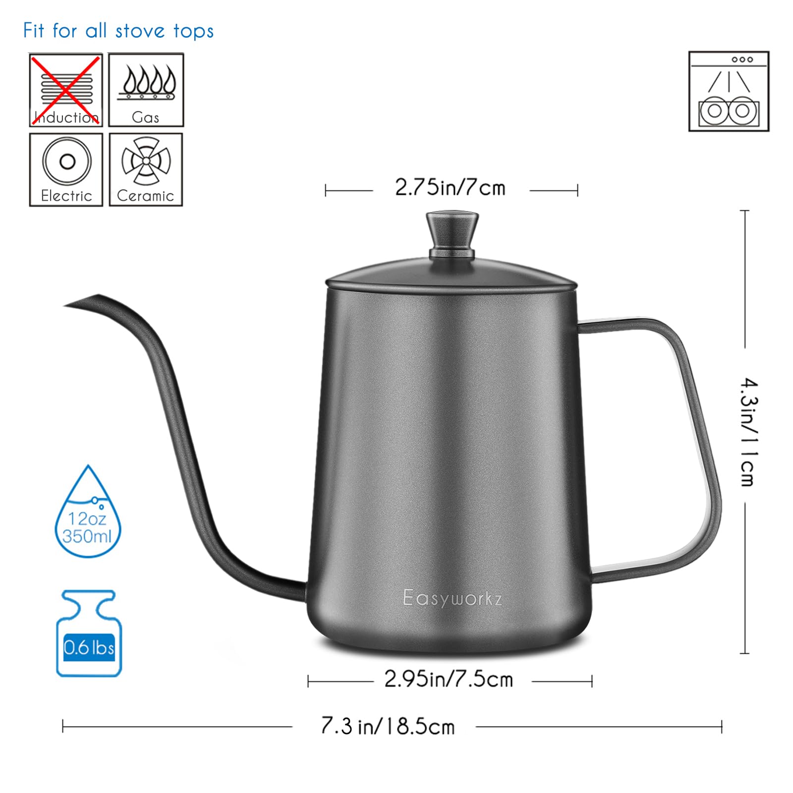 Easyworkz Gage Gooseneck Pour Over Coffee Kettle 12 Oz Stainless Steel Hand Drip Coffee Pot With Long Narrow Spout