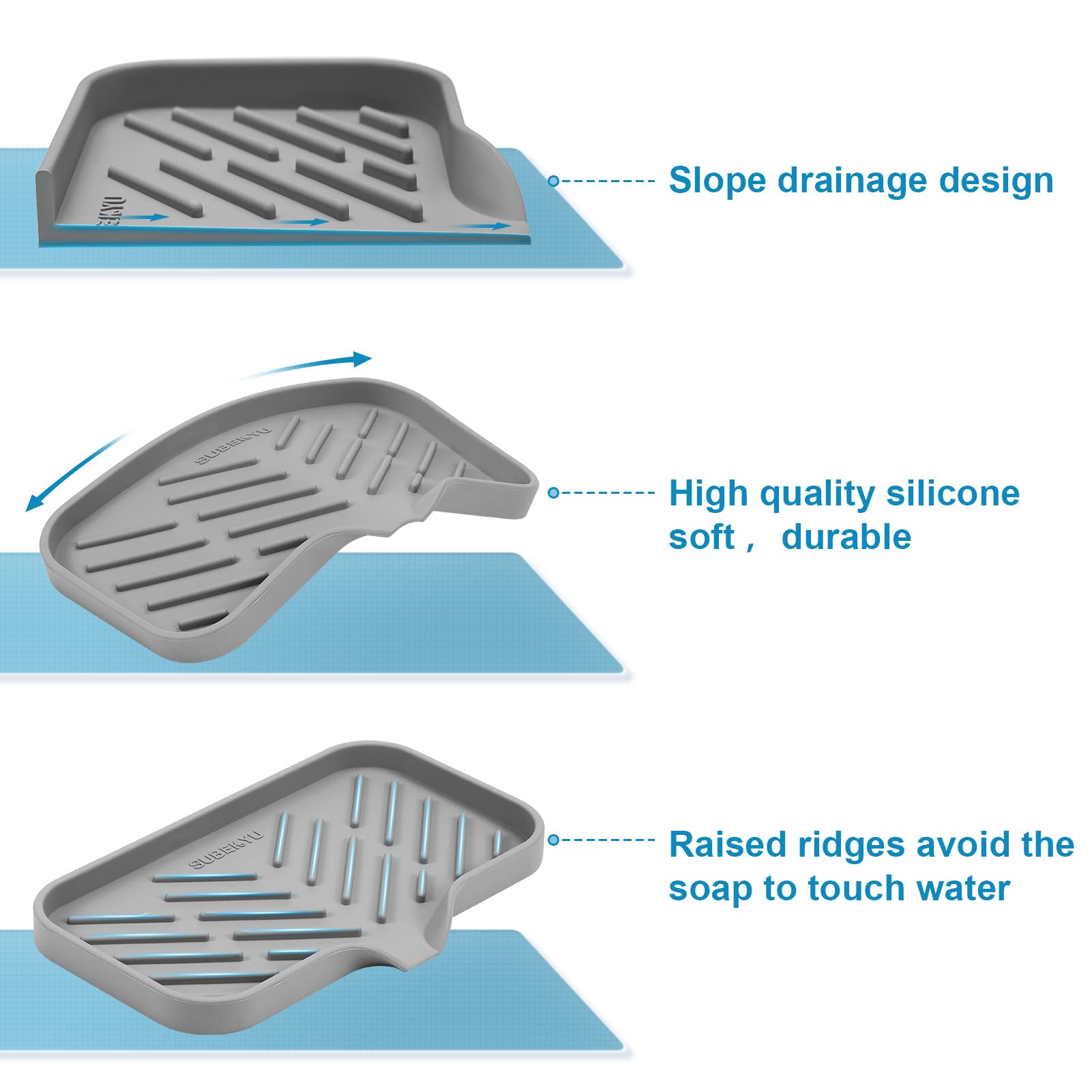 Subekyu Silicone Kitchen Soap Tray, Sink Tray For Kitchen Counter/Soap Bottles, Sponge Holder And Organizer With Drain Spout, Gr
