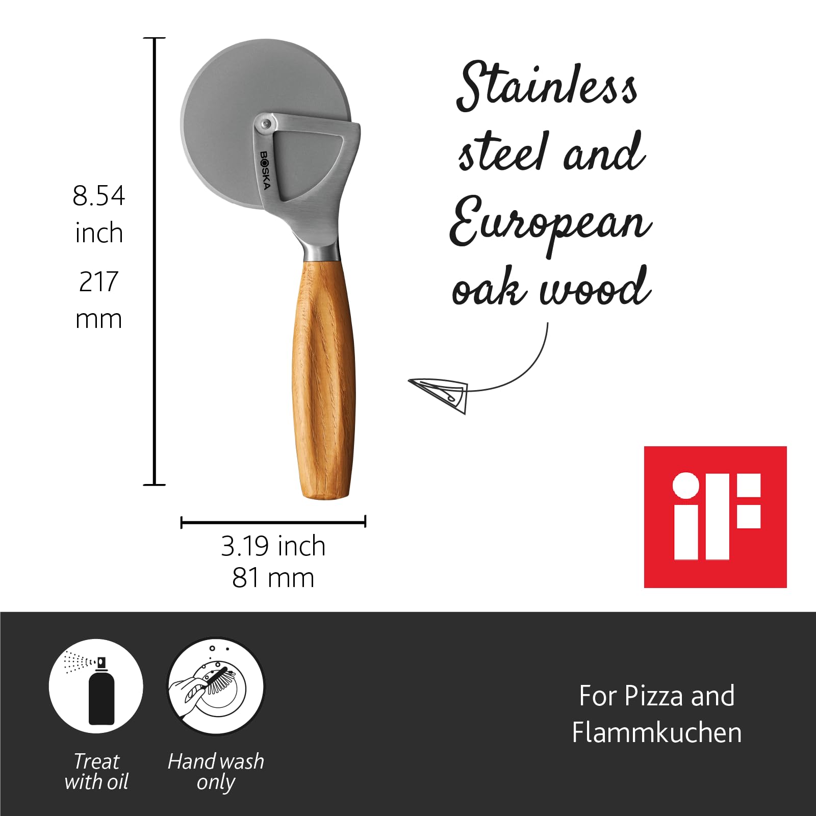 Boska Stainless Steel Pizza cutter - Oslo Multifunctional Pizza Wheel cutter - Handheld Food Slicer - Silver Non-Stick Roller - For Kitchen cooking