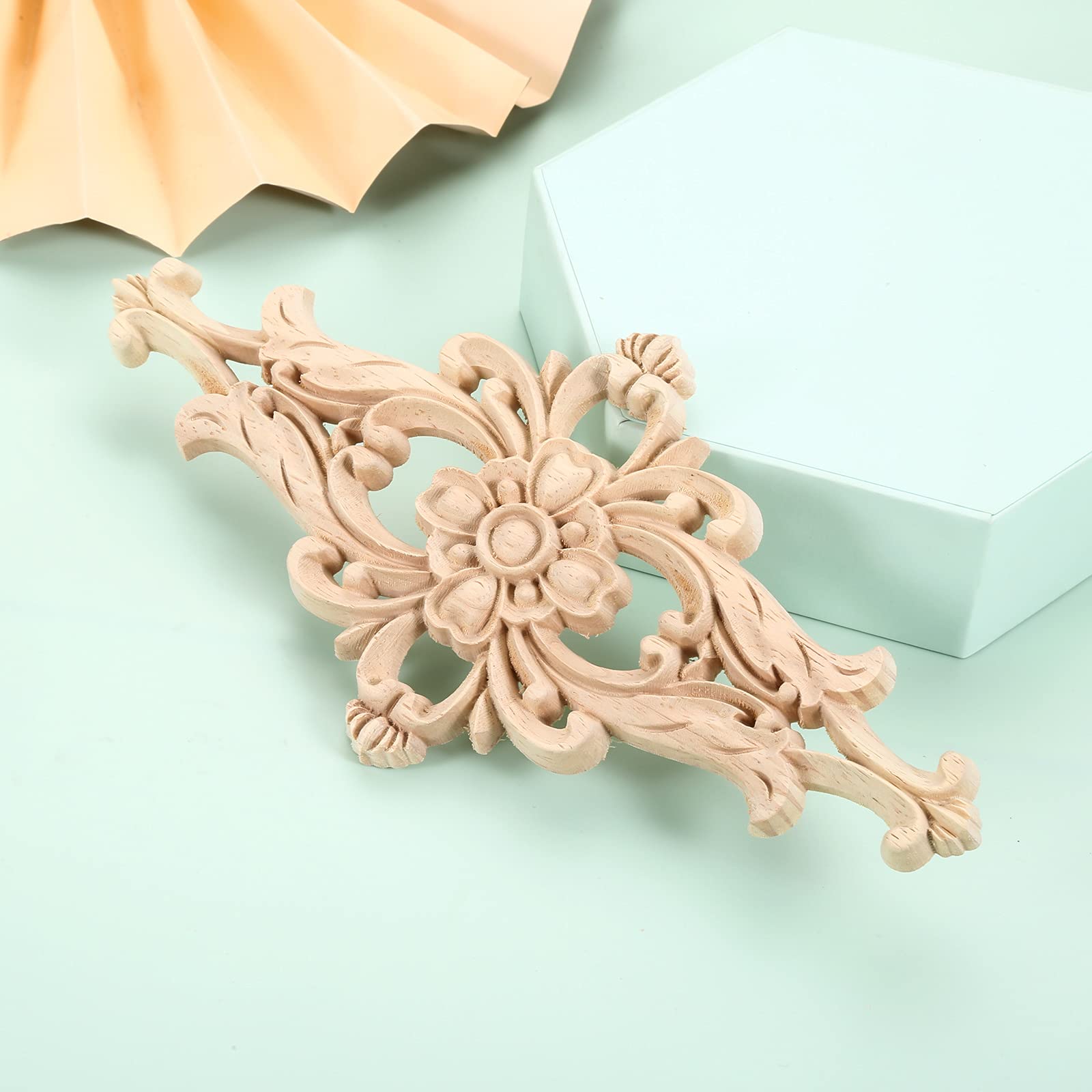 MUXSAM Wood-Carved Furniture Appliques Onlays  2-Pack Unpainted Center Carving Decal for Door Wall Ceiling Cabinet Dresser Decoration (20x10cm/8 x4)