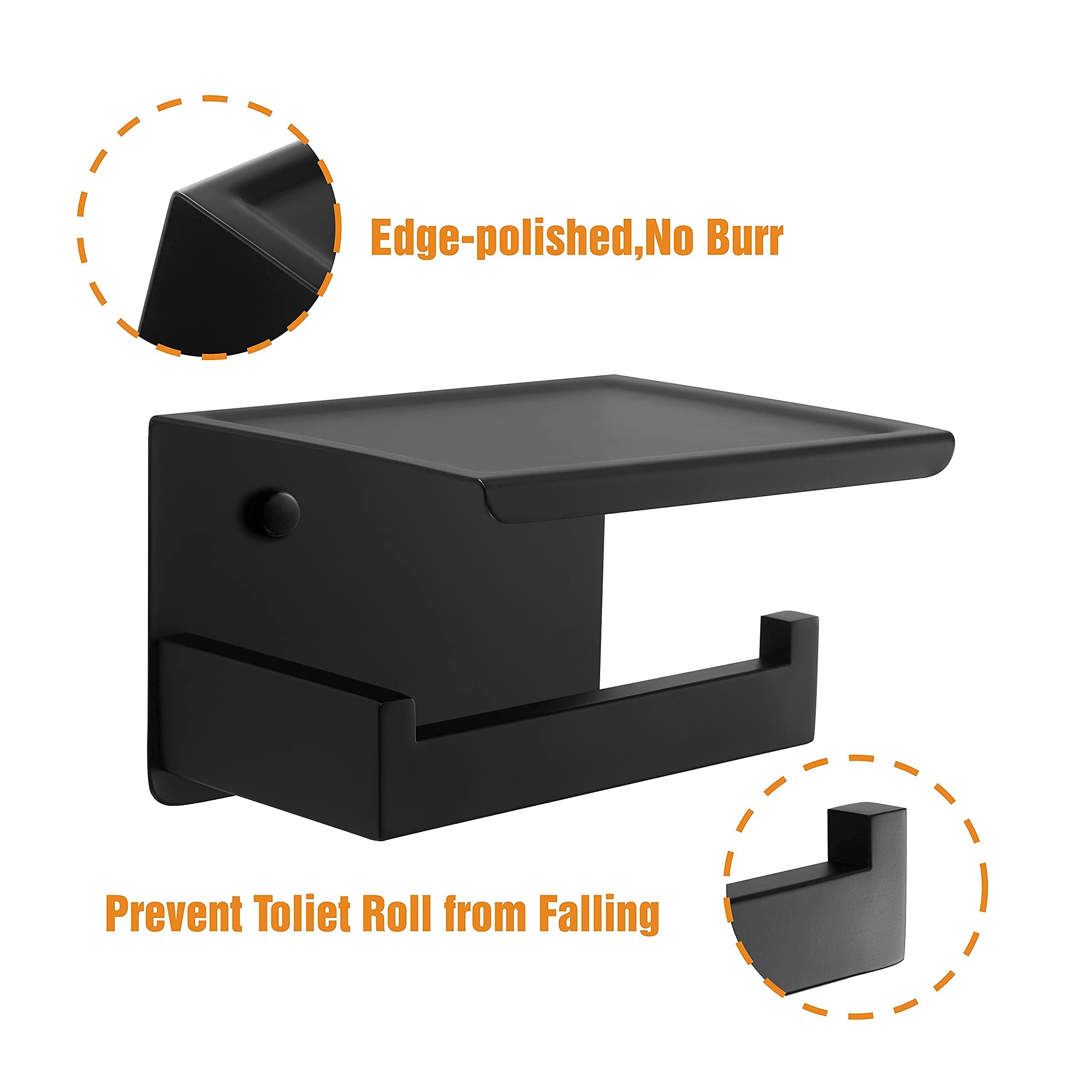 Hitslam Matte Black Toilet Paper Holder, Stick On Toilet Paper Roll Holder With Shelf, Self Adhesive Modern Toilet Paper Holder