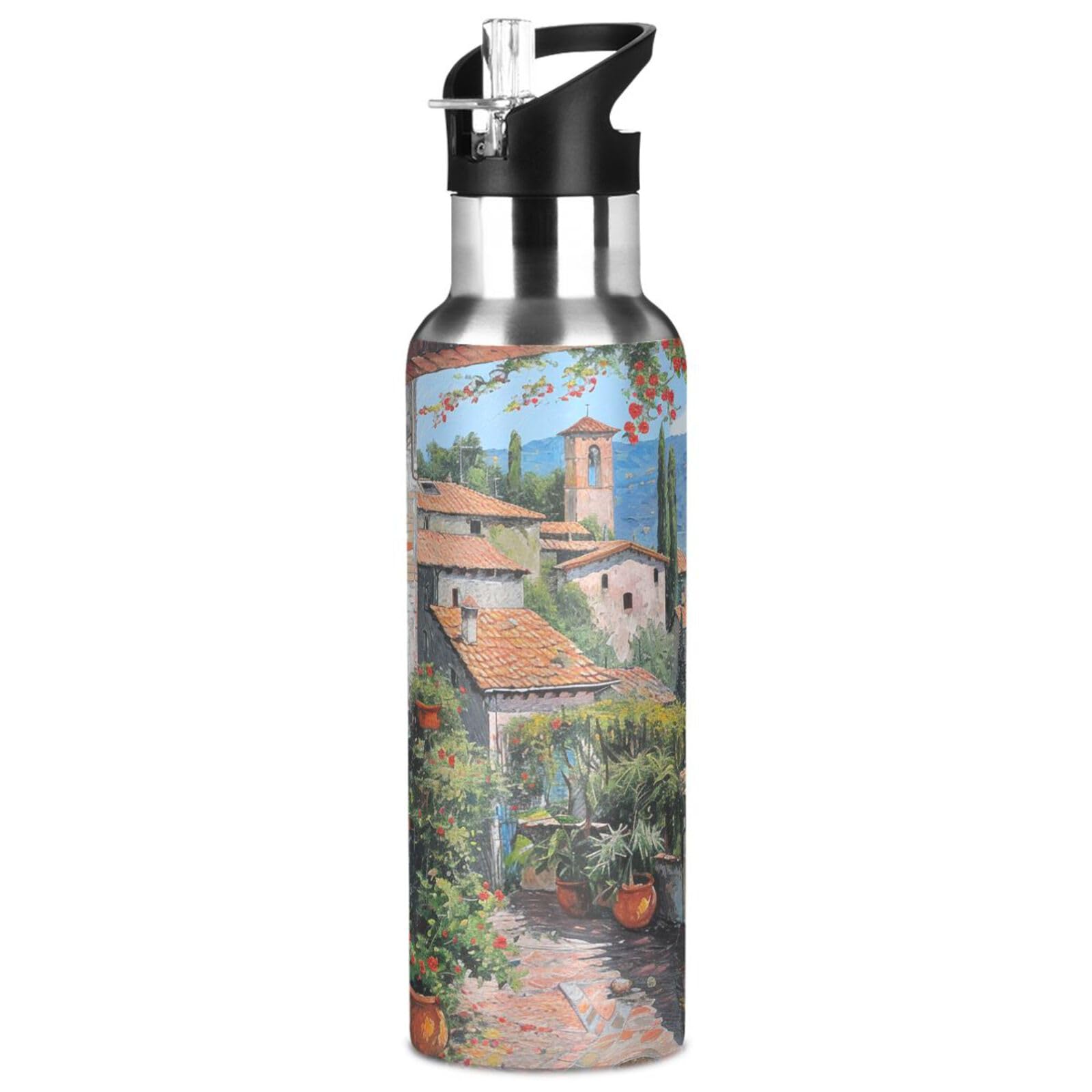 ALAZA Italy View 32oz Water Bottle with Straw Lid,Insulated Stainless Steel Water Flask for Women Men Sports Gym Camping Outdoor