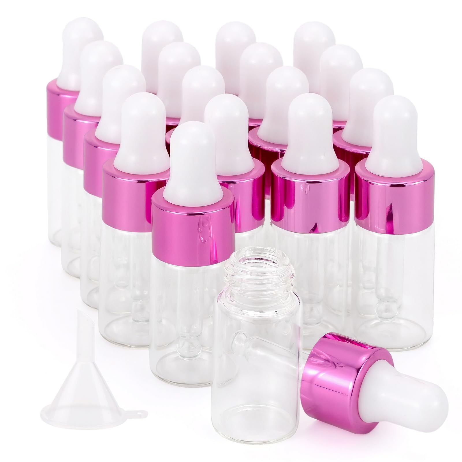 Newzoll 3ml Glass Eye Dropper Bottles, 18Pcs, Clear, Pink Cap