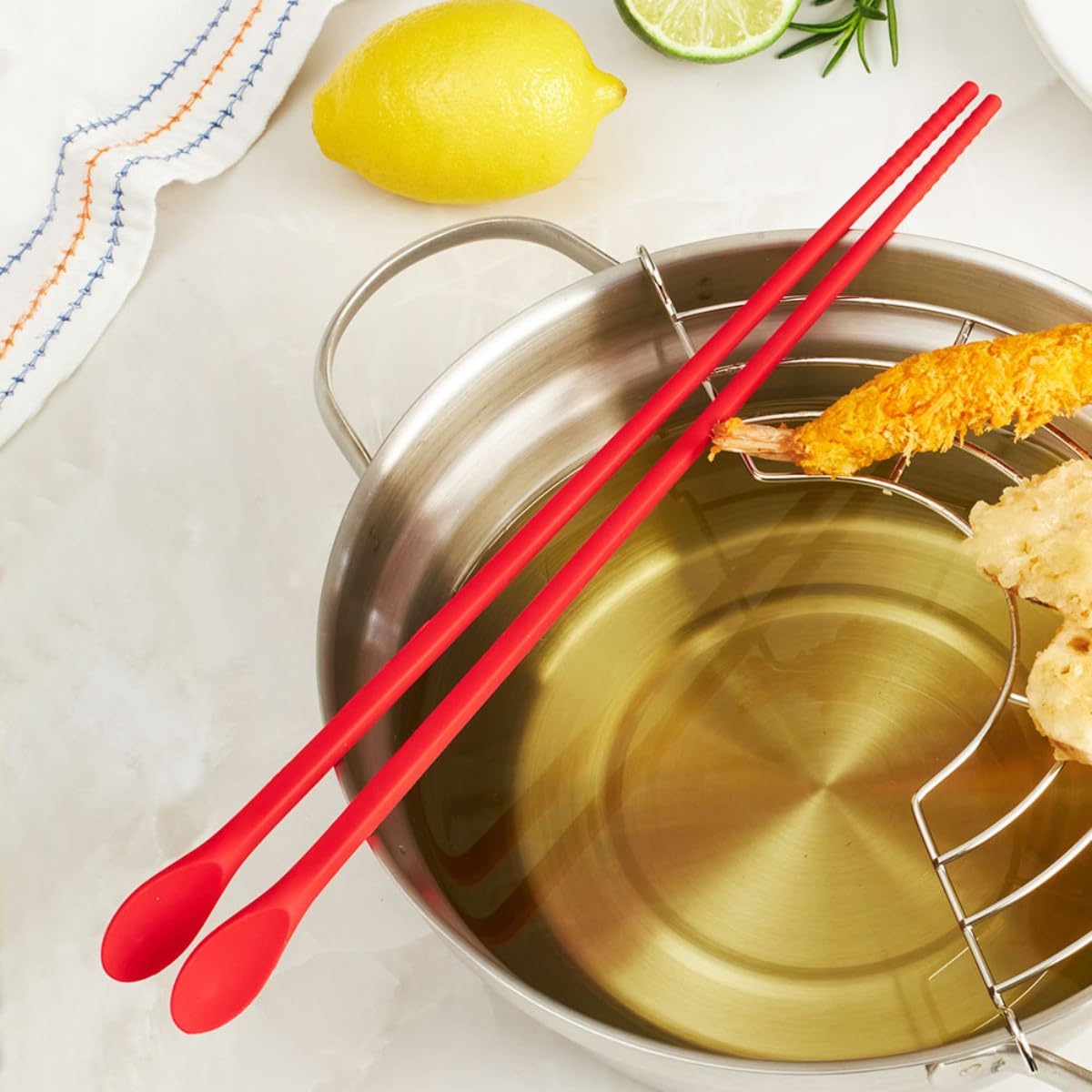 Kitchen Reusable 12 In Long Non Slip Silicone Cooking Chopstick With Spoon And Band, Stainless Steel Reinforced, Tempura, Frying