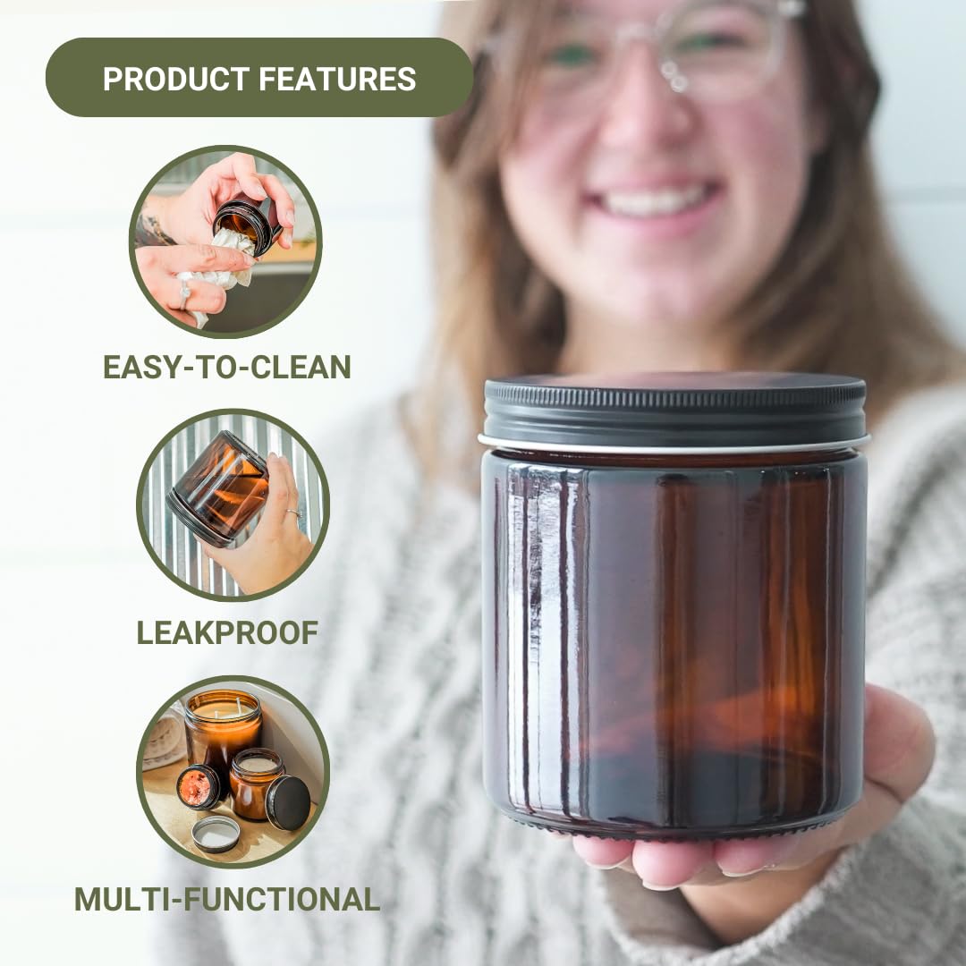 Nature Packaged Glass Amber 16Oz Jar - 12 Packs, Empty Round Jars For Beauty Products, Lotion, And Powders - Black Lid - Small C