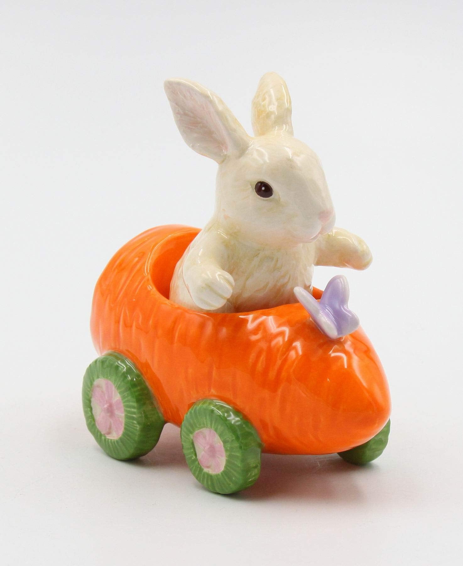 Fine Ceramic Bunny Rabbit On Carrot Cart Salt & Pepper Shakers, 4 1/4'' L