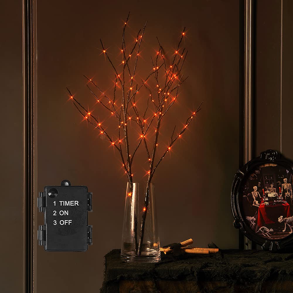 LITBLOOM Halloween Tree Branch Lights 32IN 100 Orange LED with Timer, Lighted Black Twig Branches with Fairy Lights for Hallowee