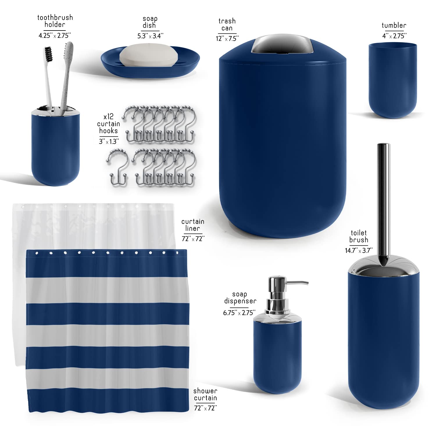 Clara Clark Bathroom Set - Navy Bathroom Accessories Set  20PC Bathroom Accessory Set  Shower Curtain Set with Liner  Toothbrush Holder  Soap Dispenser  Soap Dish  Toilet Brush Holder  and Trash Can
