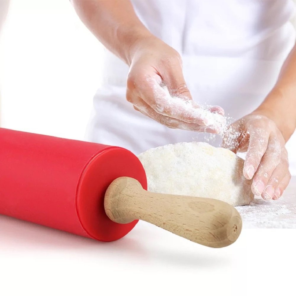 Nasnaioll Silicone Rolling Pin Non Stick Surface,Rolling Pins For Baking With Wooden Handle,Dough Roller For Pizza,Bread,French
