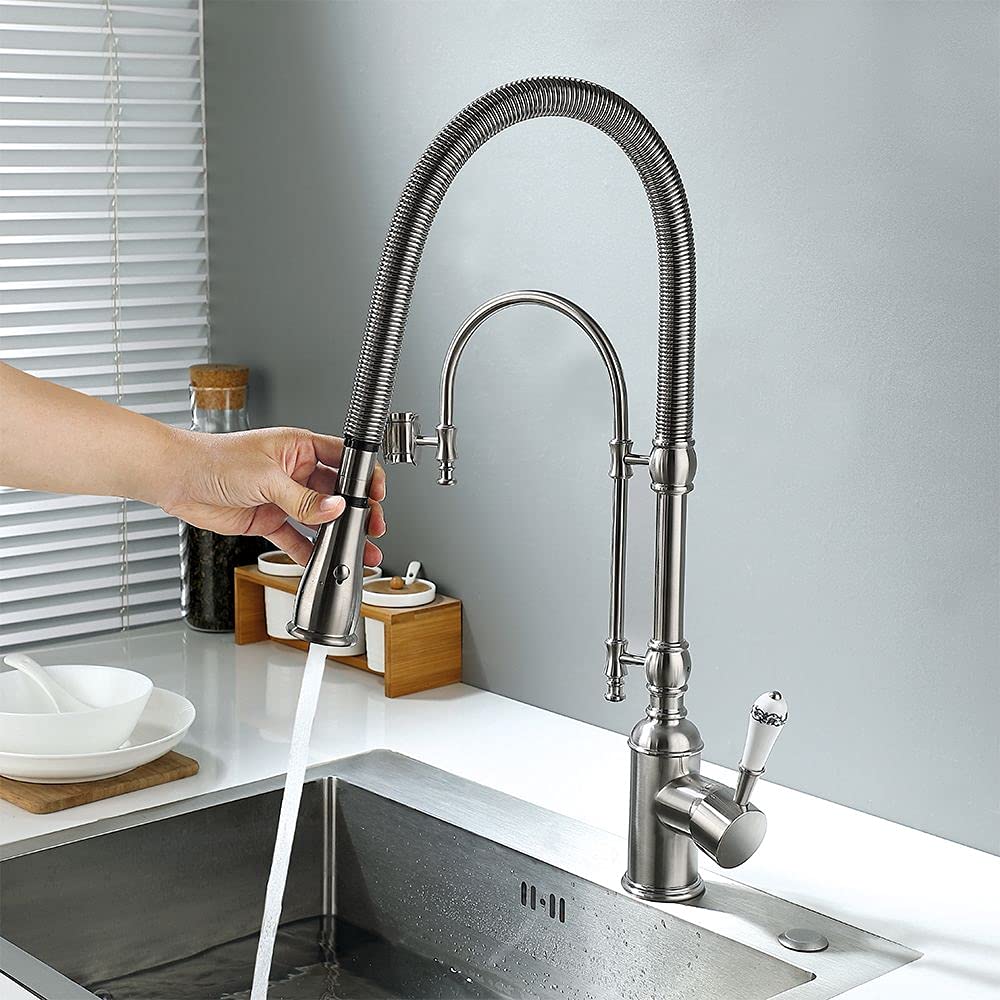 Kunmai Single Handle High Arc Swiveling Dual-Mode Pull-Down Sprayer Kitchen Sink Faucet With Porcelain Handle In Brushed Nickel,
