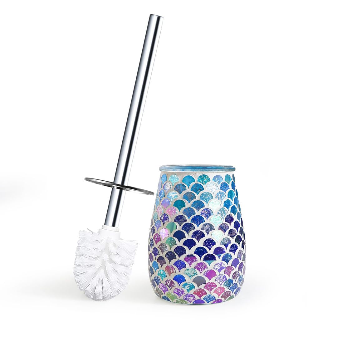 Escenzy Mermaid Bathroom Toilet Brush And Holder Set Mosaic Glass | Non-Rustic Stainless Steel | Practical & Decorative Toilet B