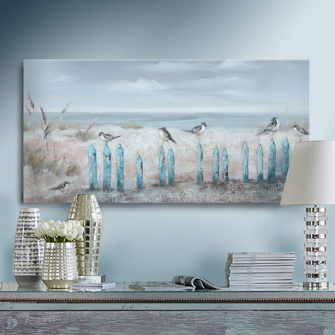 Ocean Beach Wall Art 3D Framed Hand-Painted Seascape Oil Painting Perching Bird Canvas Artwork 'The Tranquility By The Sea Shore