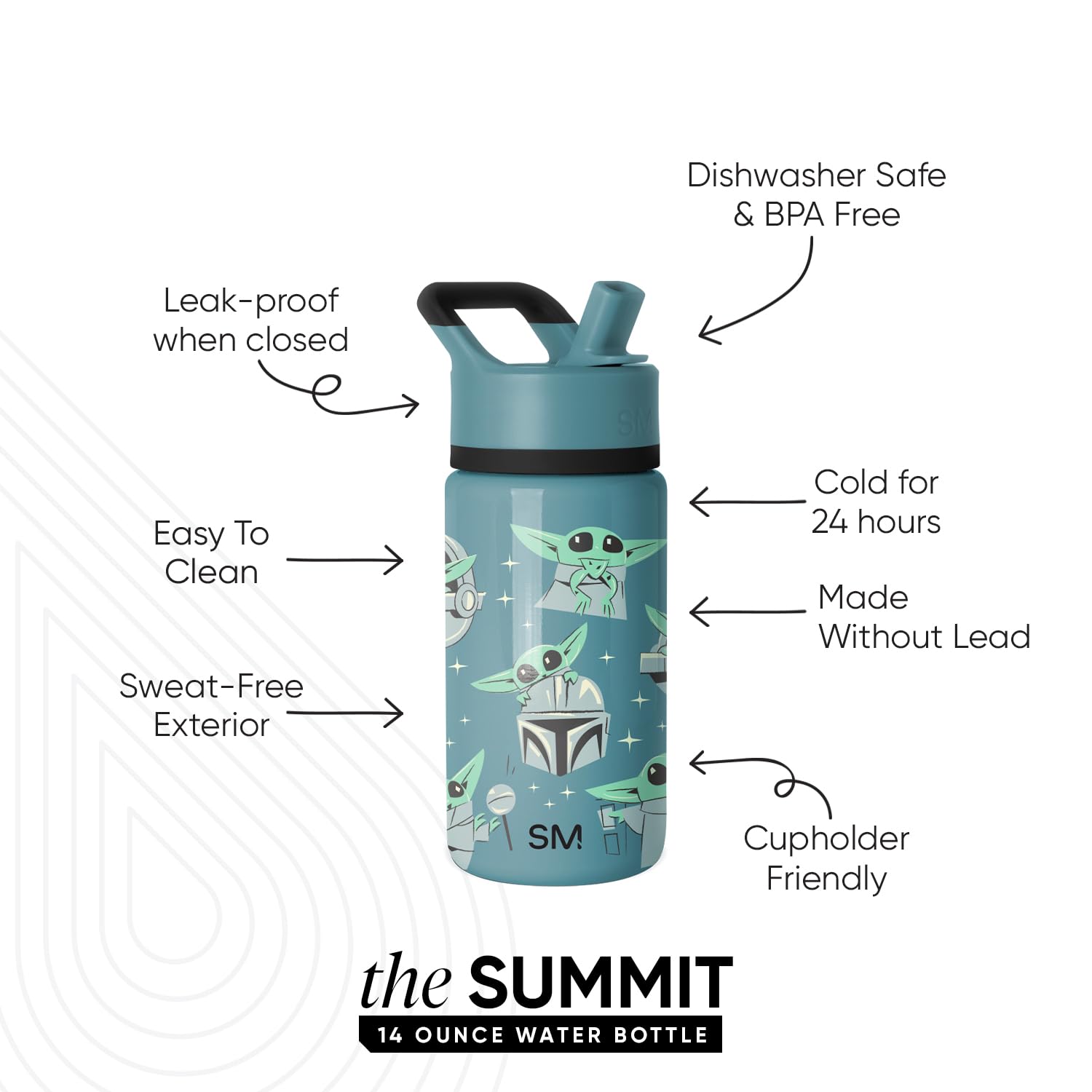 Simple Modern Kids Summit Water Bottle with Straw Lid | Star Wars Baby Yoda Grogu 14oz Stainless Steel Cup Insulated Tumbler for