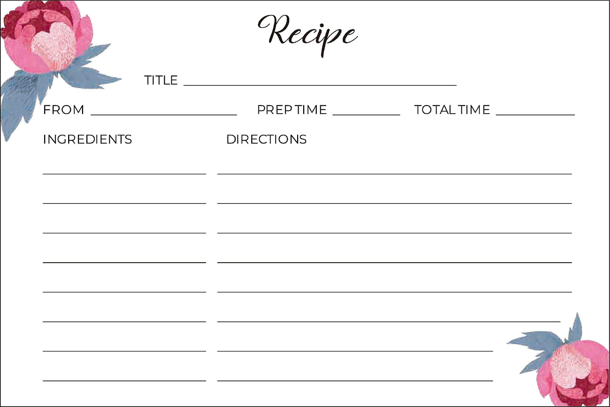 HEART & BERRY Recipe Cards - Set of 50 Double-Sided 4x6 Thick Paper in Roses Color
