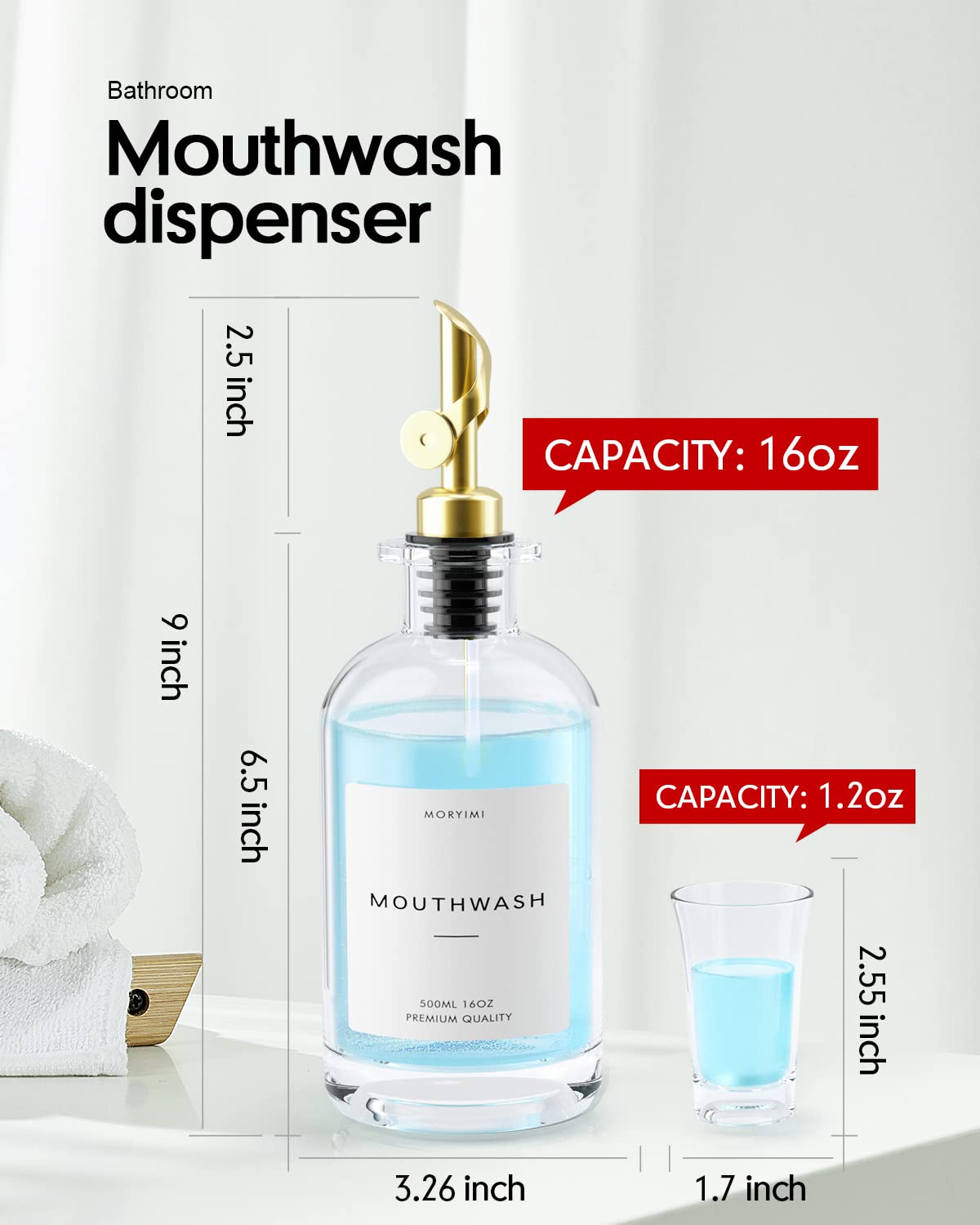 Moryimi Mouthwash Dispenser, 16Oz Glass Mouthwash Decanter For Bathroom, Mouth Wash Container Mouthwash Bottle With Pour Spout,