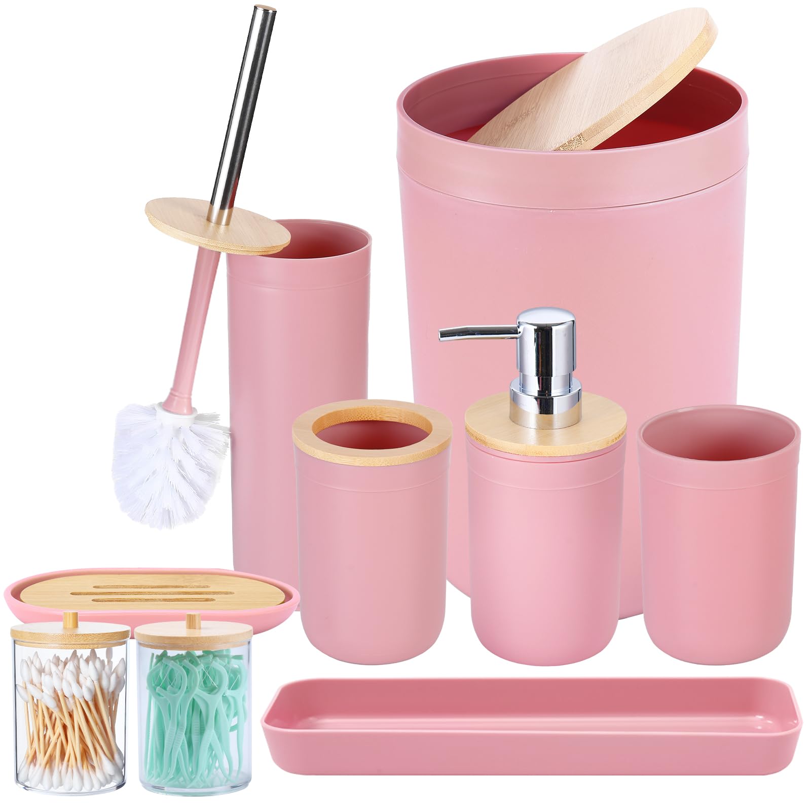 Imucci 9Pcs Pink Bathroom Accessories Set - With Trash Can,Toilet Brush,Toothbrush Holder, Lotion Soap Dispenser, Soap Dish,Toot