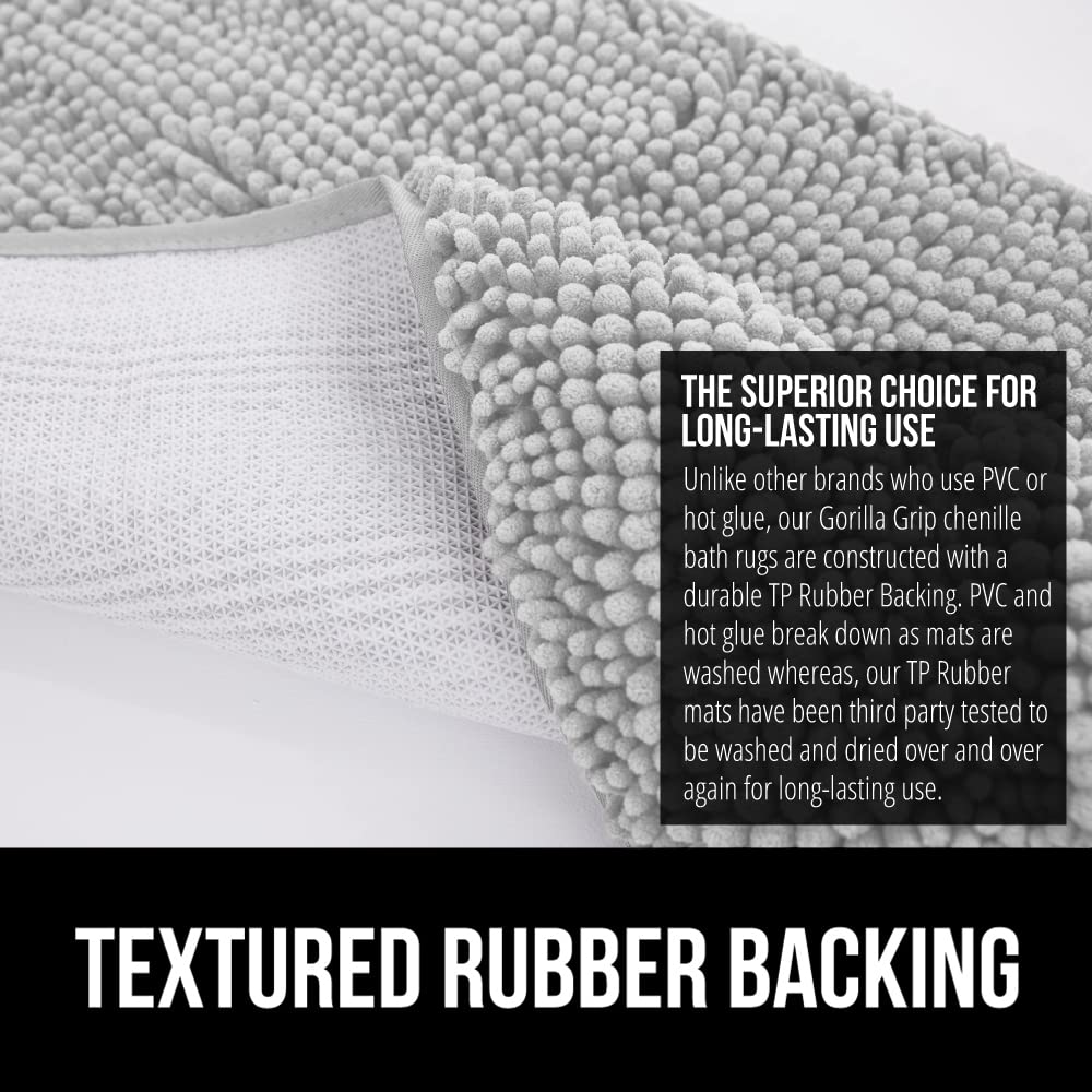 Gorilla Grip Bath Rug  70x24  Thick Soft Absorbent Chenille Rubber Backing Bathroom Rugs  Microfiber Dries Quickly  Shaggy Machine Washable Mats  Plush Durable Rug  Bathtub and Shower Floor Light Gray