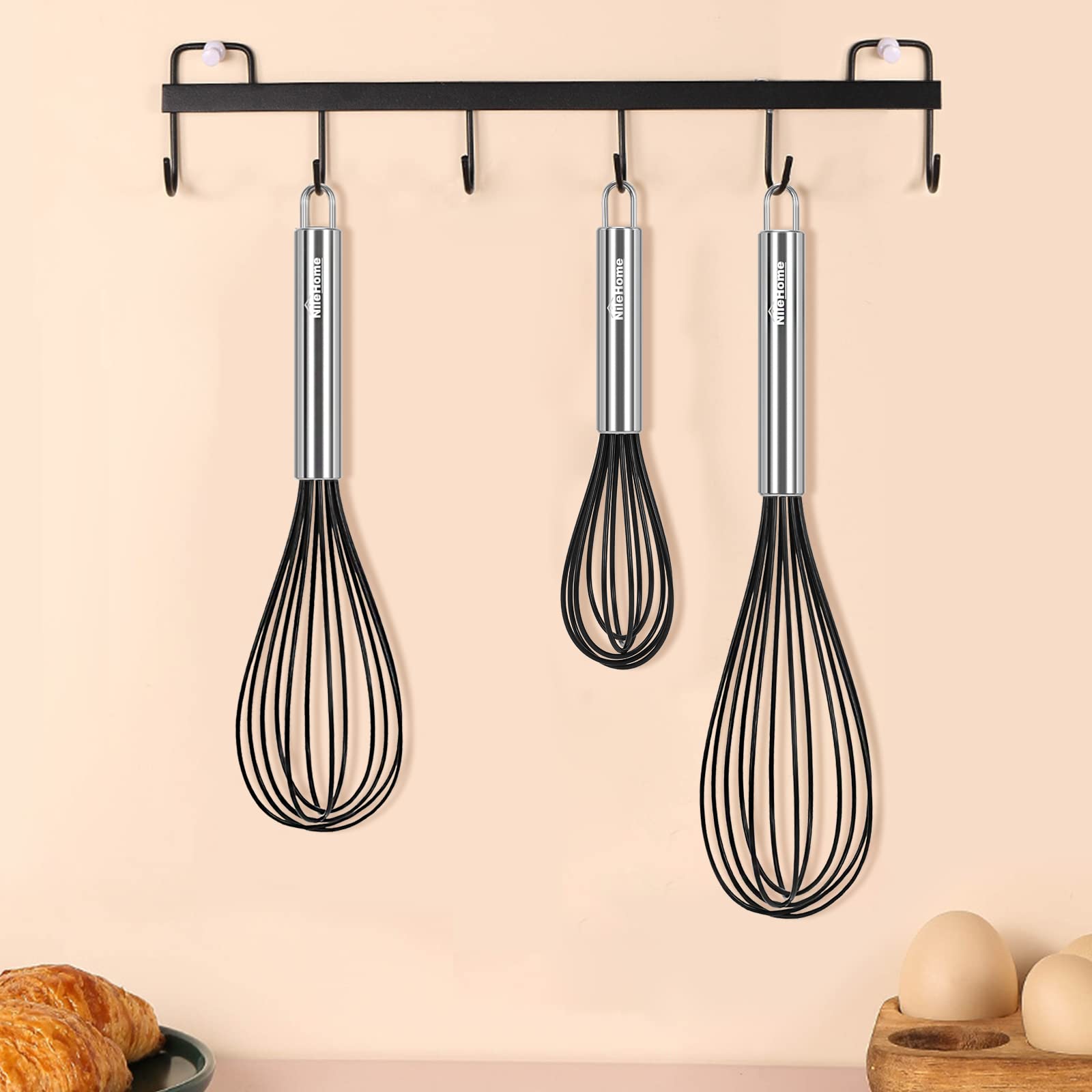 Nilehome Whisk Commercial Whisks Stainless Steel & Silicone Non-Stick Coated Small Whisk Set 8'' 10'' 12'' Kitchen Wisk Wire Whi