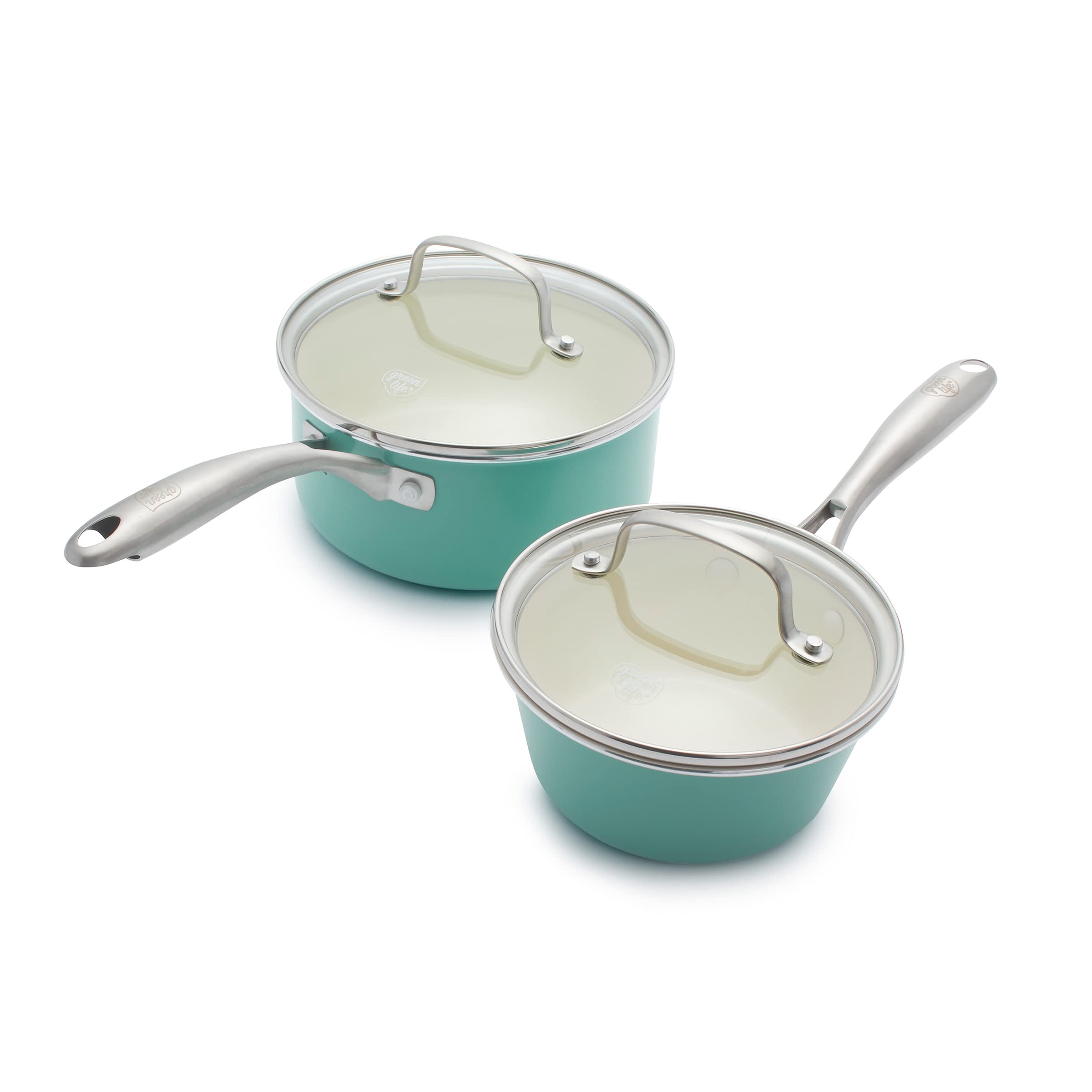 GreenLife Artisan Healthy Ceramic Nonstick, 1QT and 2QT Saucepan Pot Set with Lids, Stainless Steel Handle, Induction, PFAS-Free