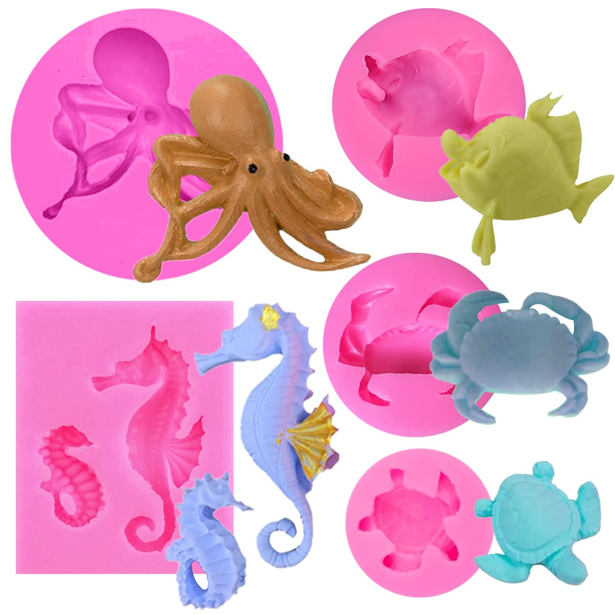 5 Pcs Marine Theme Cake Fondant Silicone Mold Cupcake Decoration Molds Seashell Conch Seahorse Starfish Tortoise Silicone Mold F