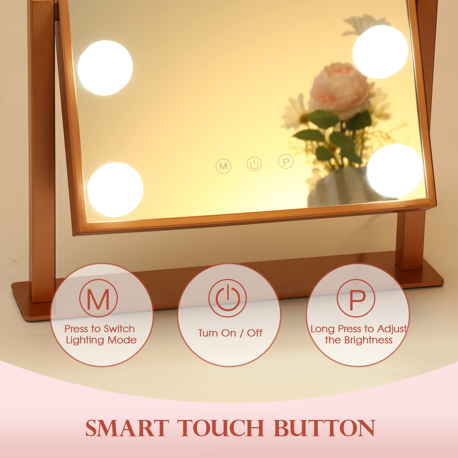 Bwllni Makeup Mirror With Lights, Hollywood Mirror Lighted Vanity Mirror With 9 Led Bulbs, Touch Control Design 3 Colors Dimmabl