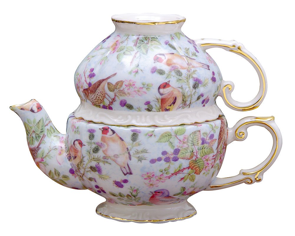 Gracie China By Coastline Imports 5-1/4-Inch Tea For One Set, Blue Birds Chintz With Gold Trim