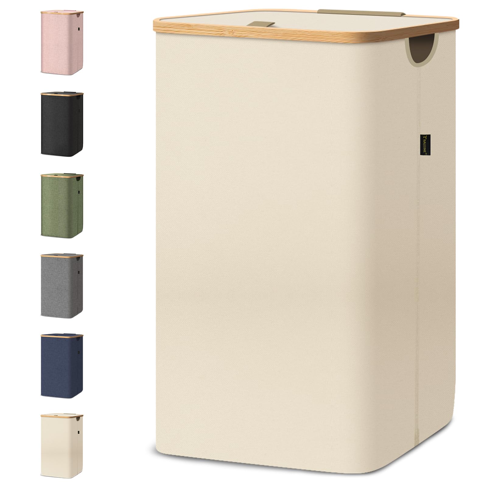 Baleine Laundry Hamper With Lid, Tall Laundry Baskets With Bamboo Pull Handles, Large Laundry Bin With Internal Support (26 Gal/