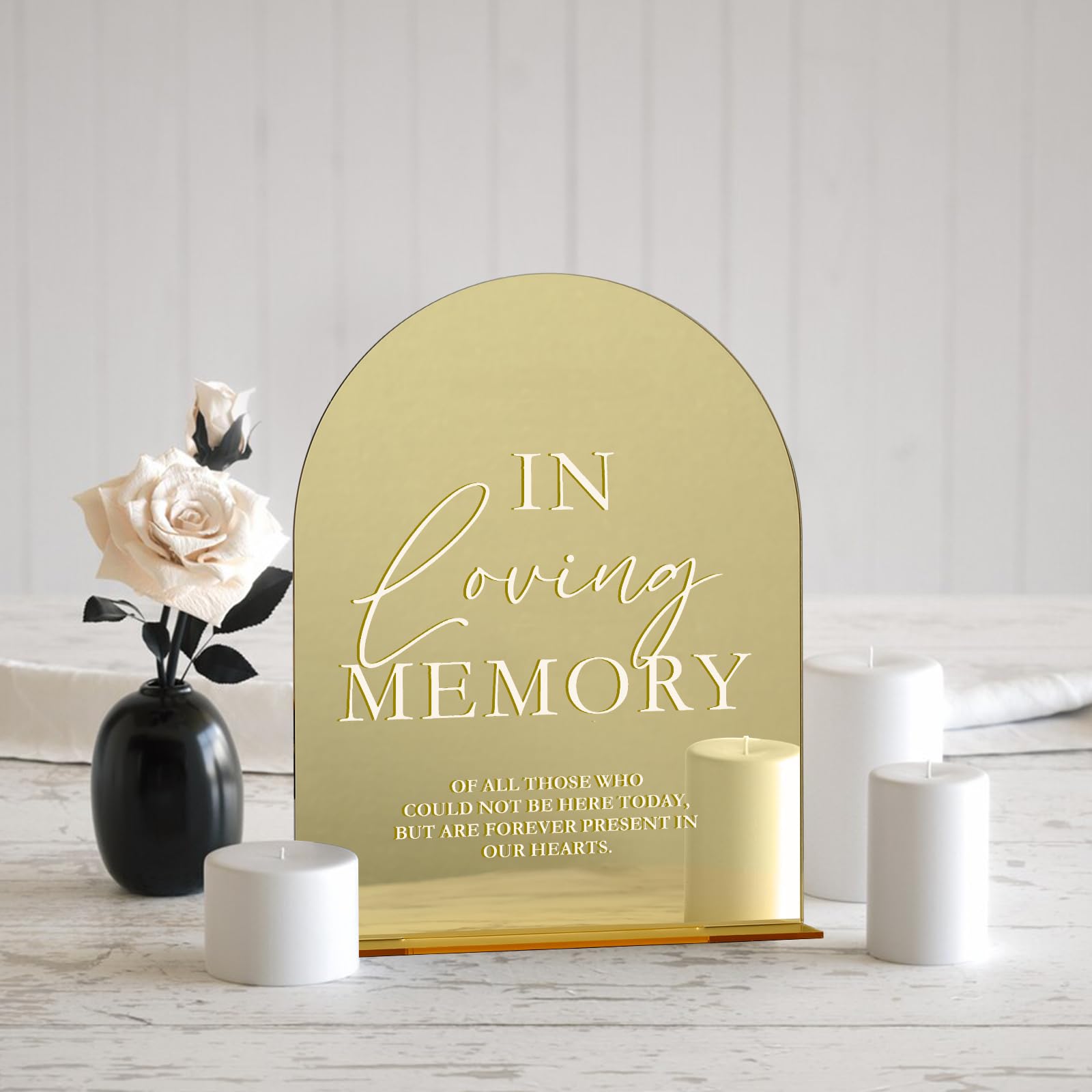 Gold Mirror Acrylic Wedding Sign with Stand- 8x10 In Loving Memory Sign and Base,1/8 Thick | Modern Calligraphy White Lettering