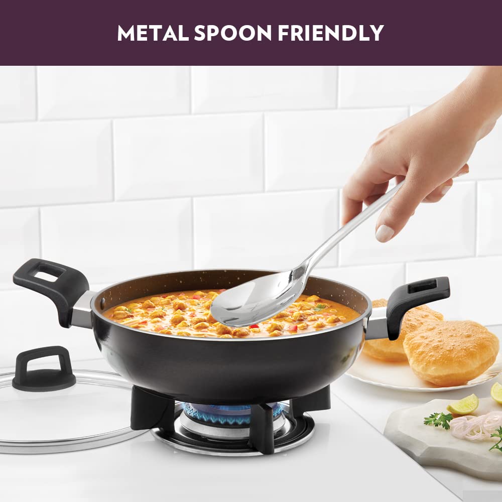 Borosil Granito Non-Stick Kadhai With Glass Lid, Induction Friendly, Granite Finish, Pfoa-Free, 28 Cm Diameter