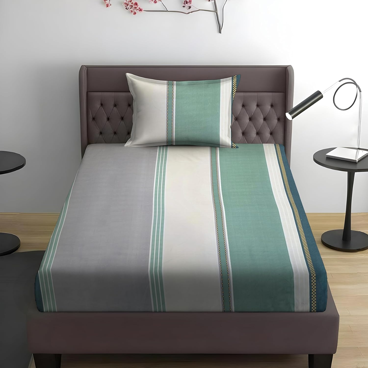 KAWI Single Bed Glace Cotton Bedsheet with Elastic Fitted (72X 48Xup to 6 Size Mattress) Soft Cotton Blend with 1 Pillow Cove