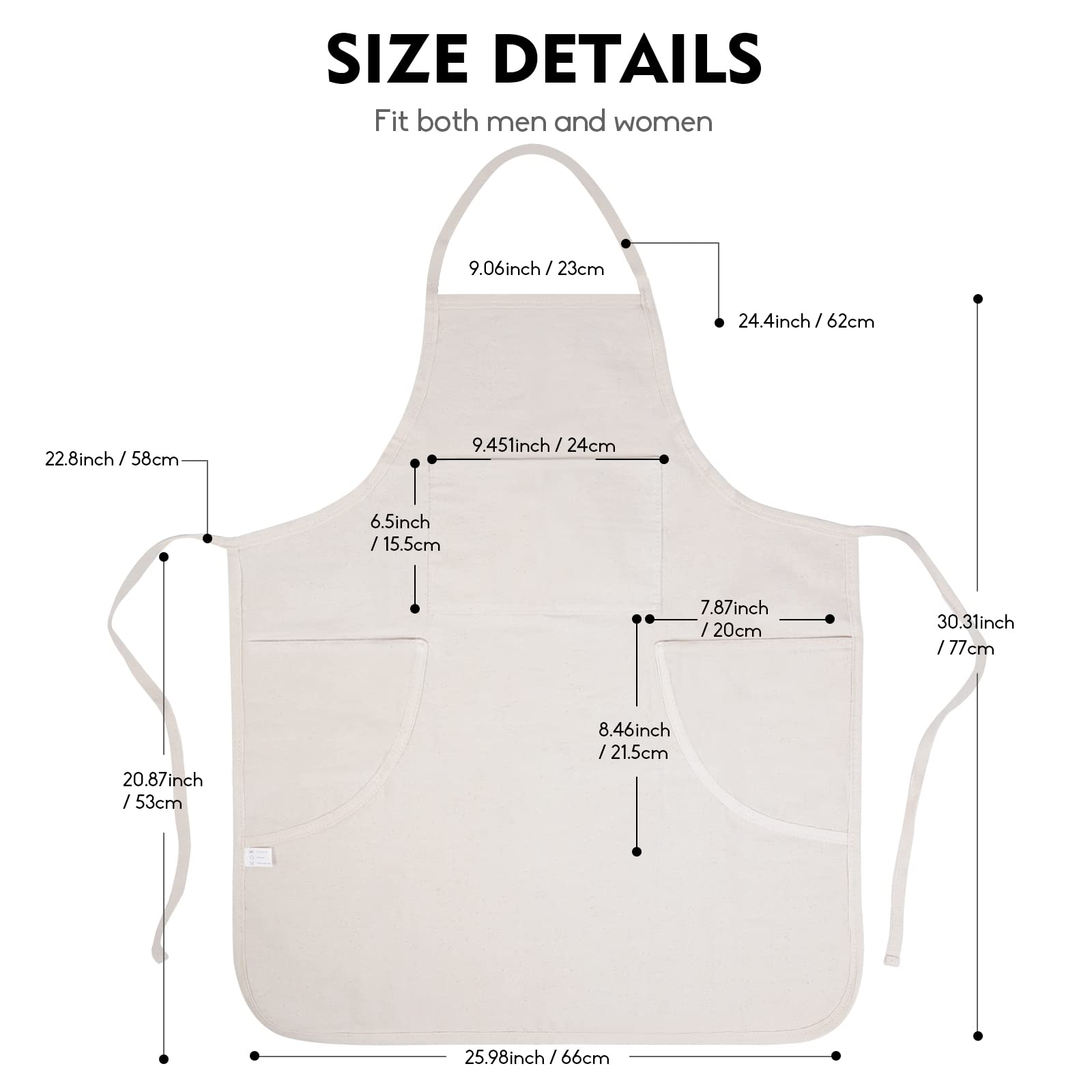 CONDA 100% Cotton Canvas Professional Bib Apron With 3 Pockets for Women Men Adults Waterproof Natural 31inch By 27inch