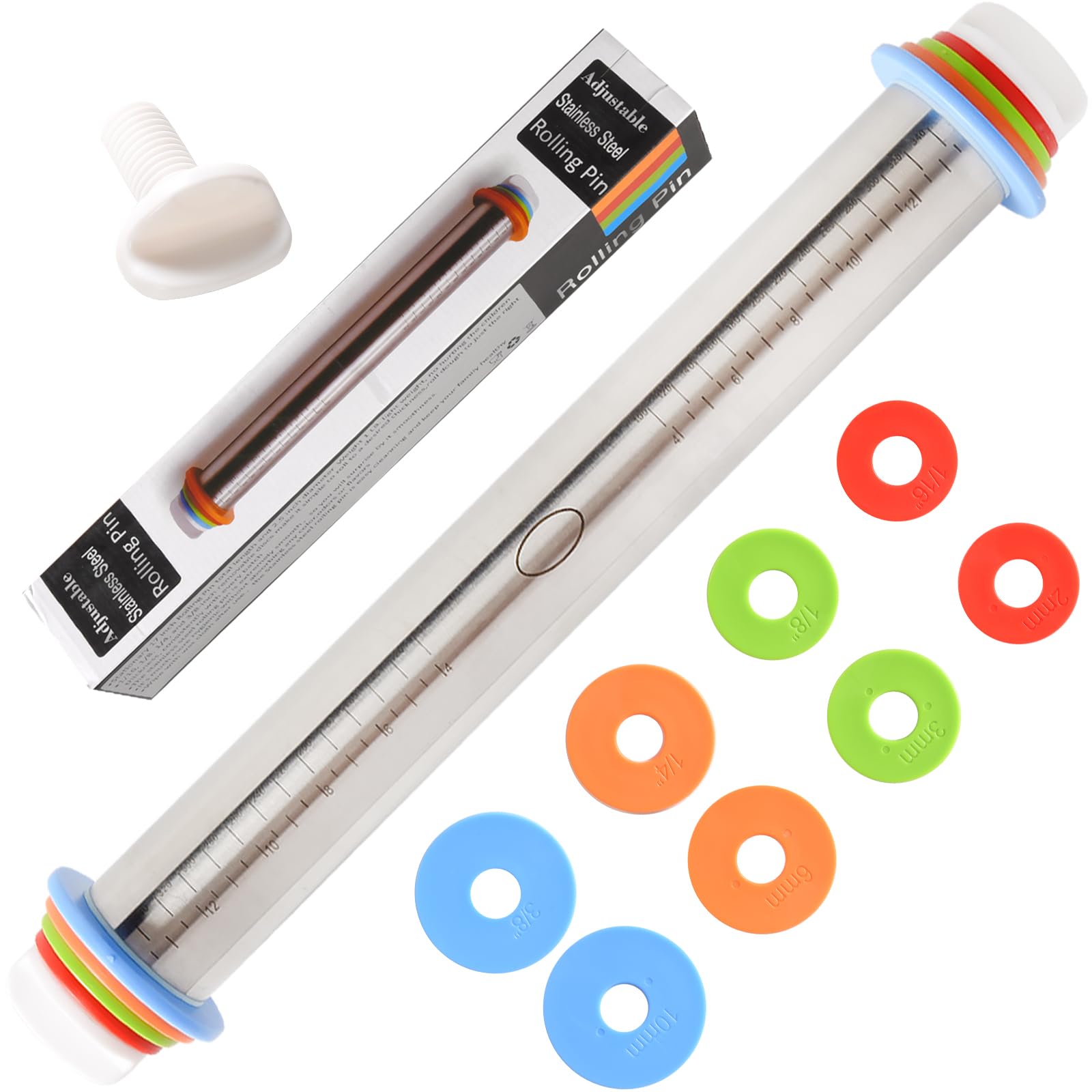 Adjustable Rolling Pin With 4 Thickness Rings, Stainless Steel Dough Roller Pizza Roller Handle Press Design With Measurement Gu
