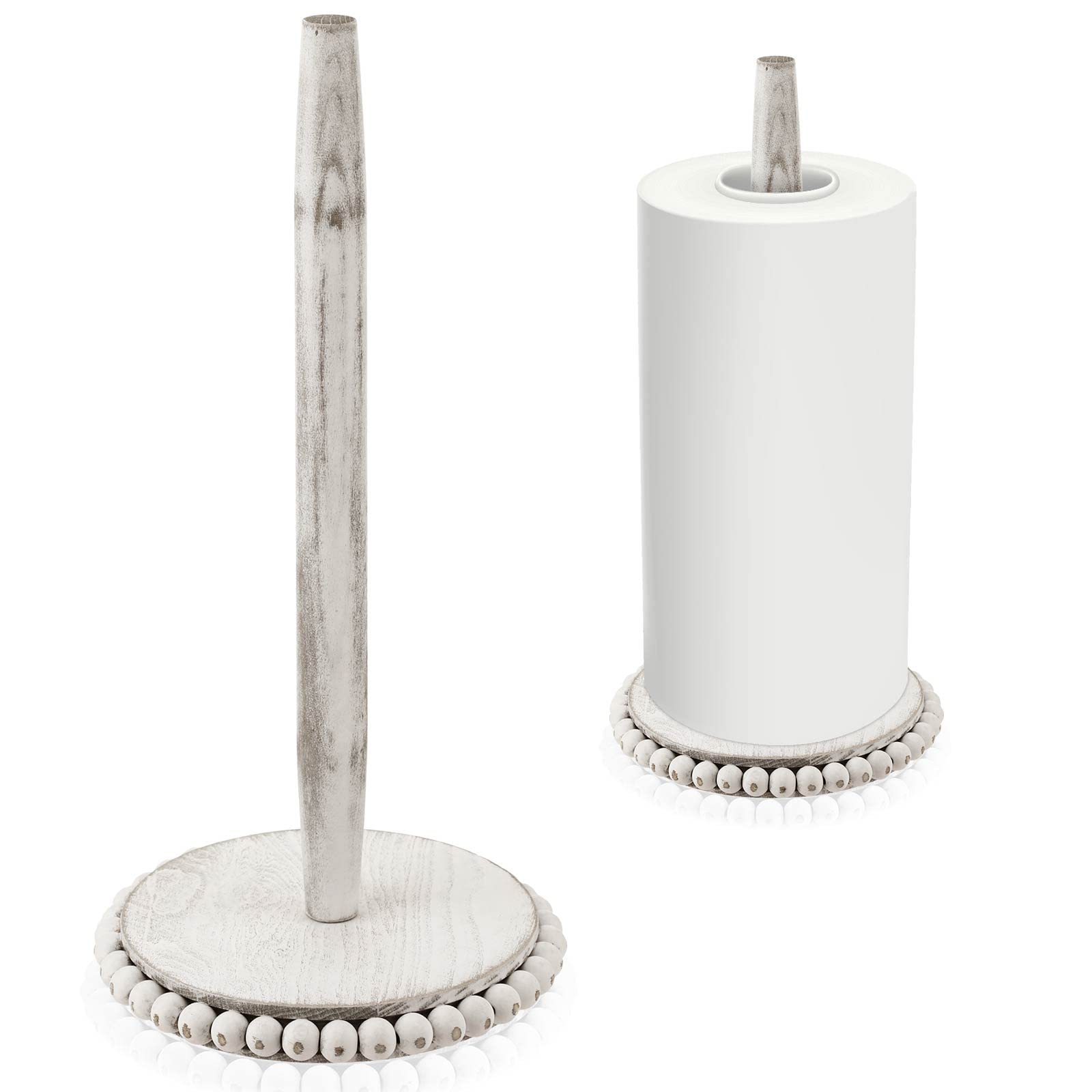 Farmhouse Paper Towel Holder Washed Beaded Paper Towel Stand Wood Paper Hanger Rack Standing Towel Roll Stand Organizer Paper Ro