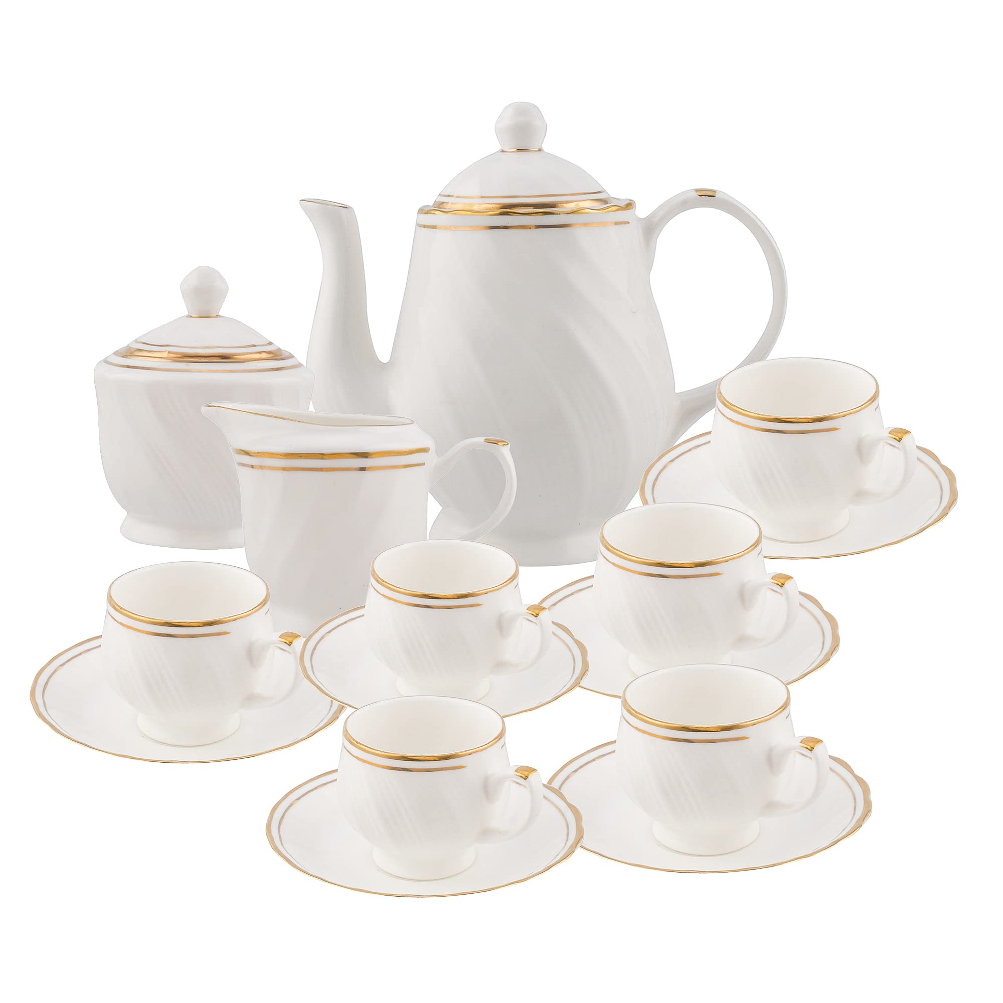Tagrock Bone China Tea Set With 6 Cups & Saucer, Tea Kettle Pot, Milk Pot, Sugar Pot White With Gold Line (Set Of 15Pcs)