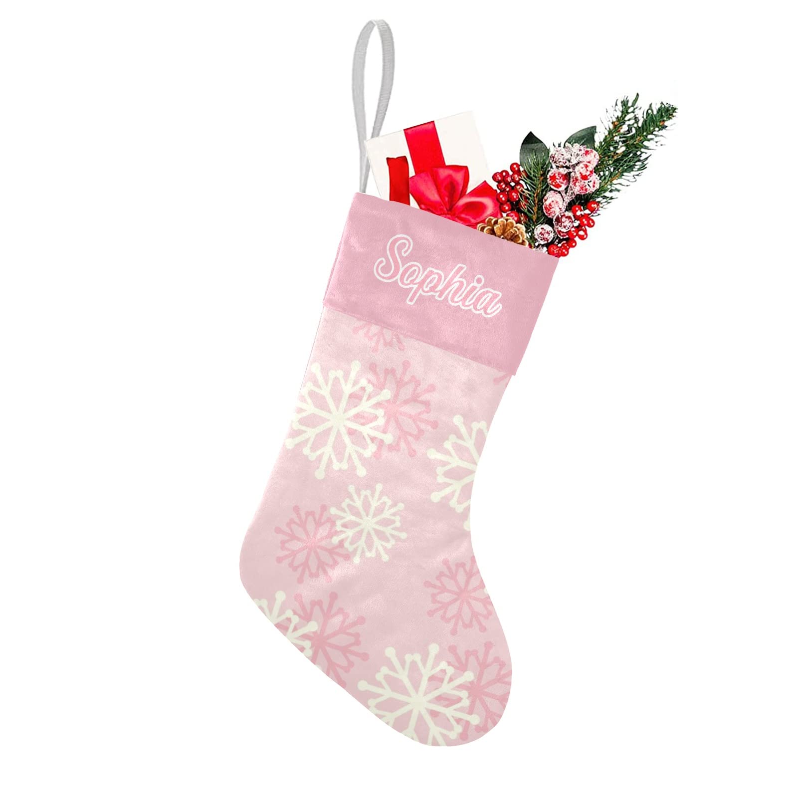 SunFancyCustom Custom Pink and Cream Snowflake Christmas Stocking Personalized with Name Xmas Family Holiday Birthday Gift Decor