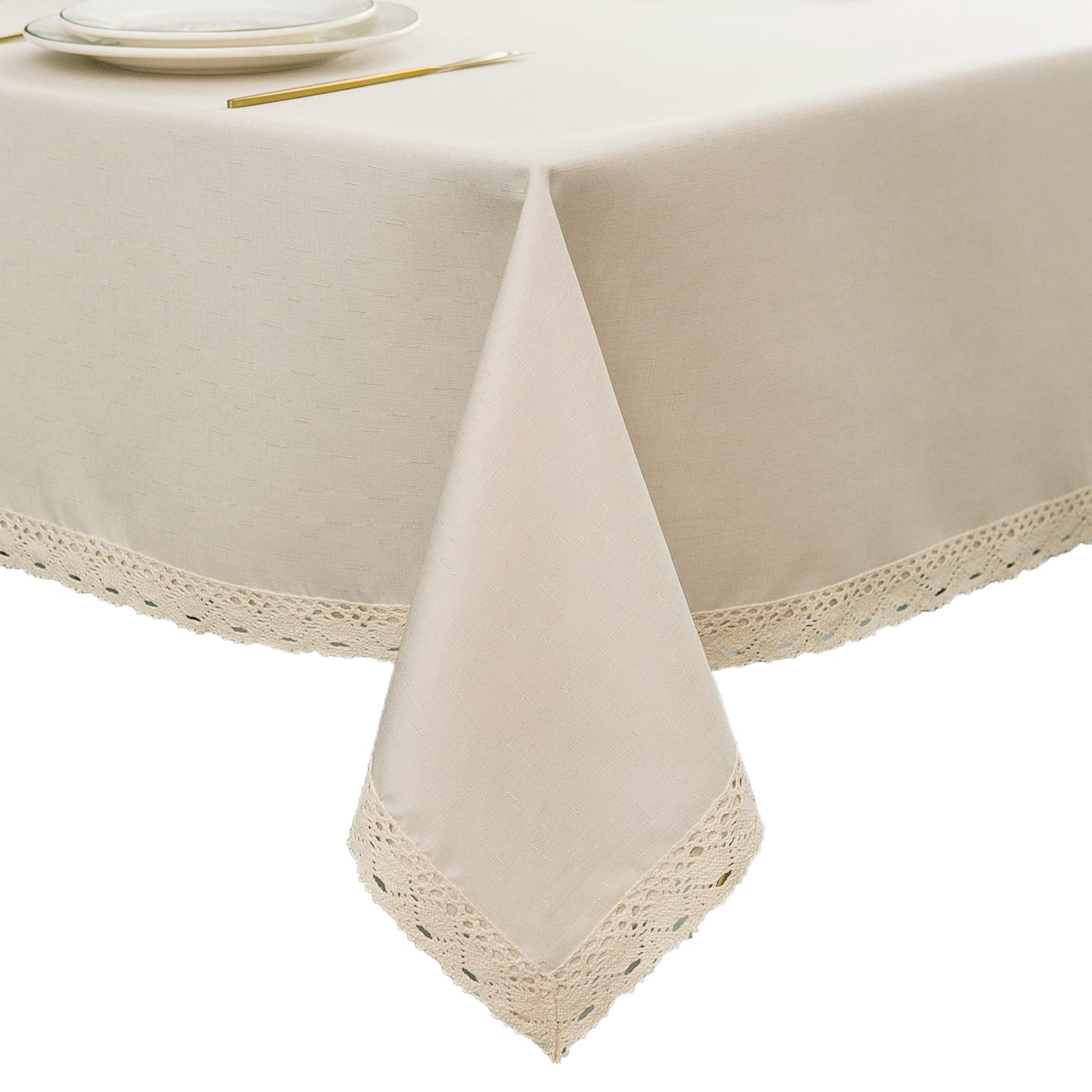 Ehousehome Faux Linen Tablecloth With Lace Trim - Waterproofspill Proofstain Resistantwrinkle Freeoil Proof - For Banquet, Parti