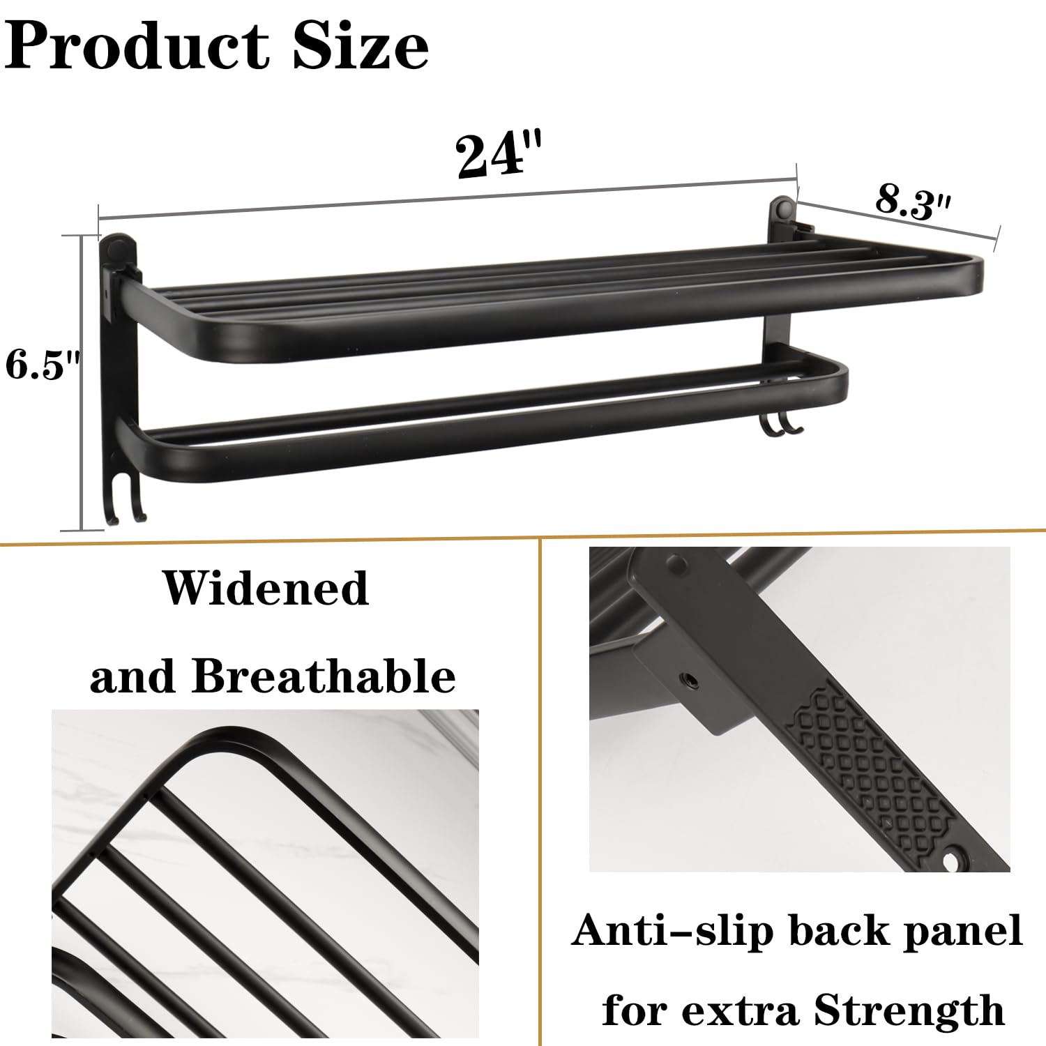 Vanloory Towel Rack For Bathroom, Bath Towel Holder With Double Towel Bar And Foldable Towel Shelf, Rustproof Towel Organizer Wa