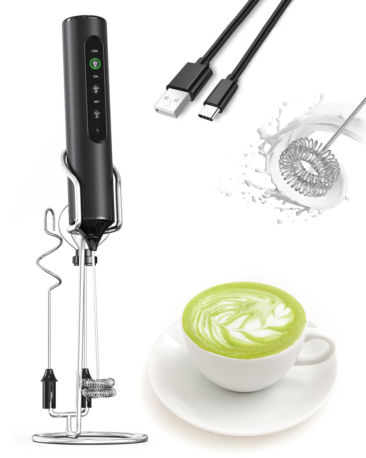 3-in-1 Electric Milk Frother with Stand, Rechargeable LED Display & 3 Speeds - Portable Whisk for Coffee, Protein Shakes, Baking