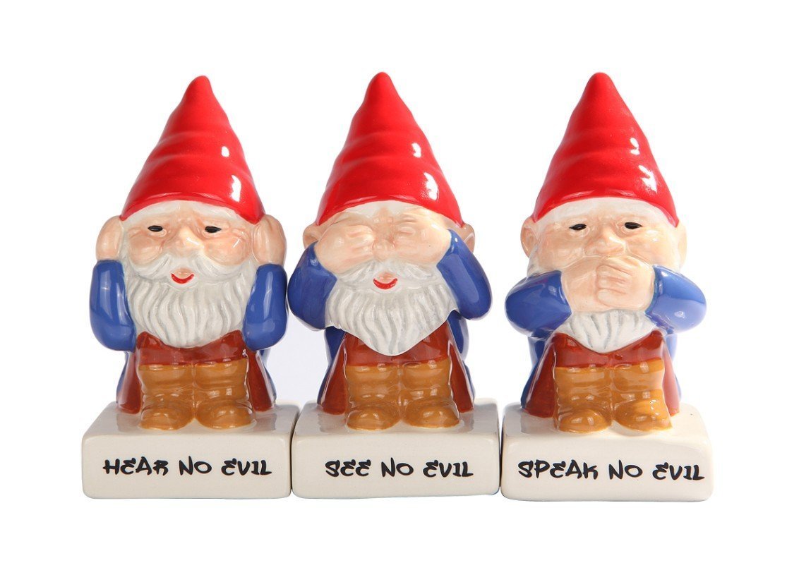 Attractives! Trio Cute Gnomes See Hear Speak No Evil Ceramic Salt Pepper Shakers And Toothpick Holder, Multi-Colored