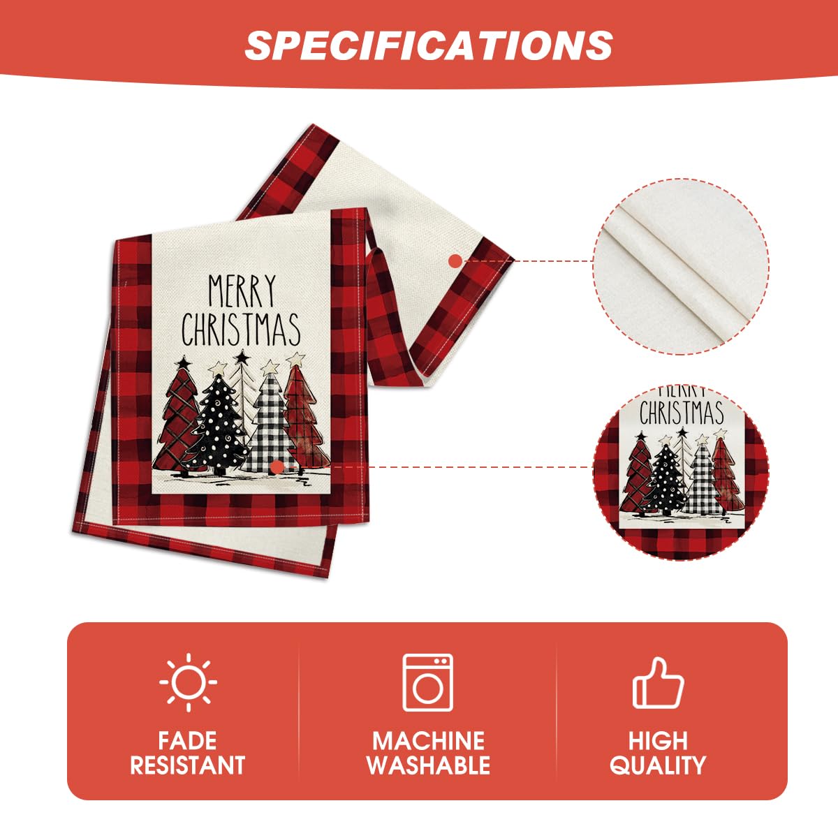 Artoid Mode Watercolor Red And Black Buffalo Plaid Christmas Trees Merry Xmas Table Runner, Seasonal Winter Holiday Kitchen Dini