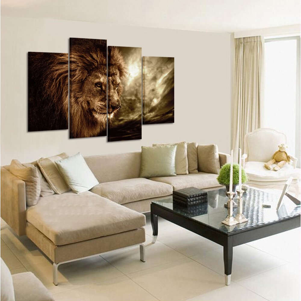 Kreative Arts - Lion Wall Art Canvas Painting Framed and Ready to Hang 4 Panels Large Contemporary Pictures Abstract Lion Canvas Prints for Home Living Room Bedroom Decoration
