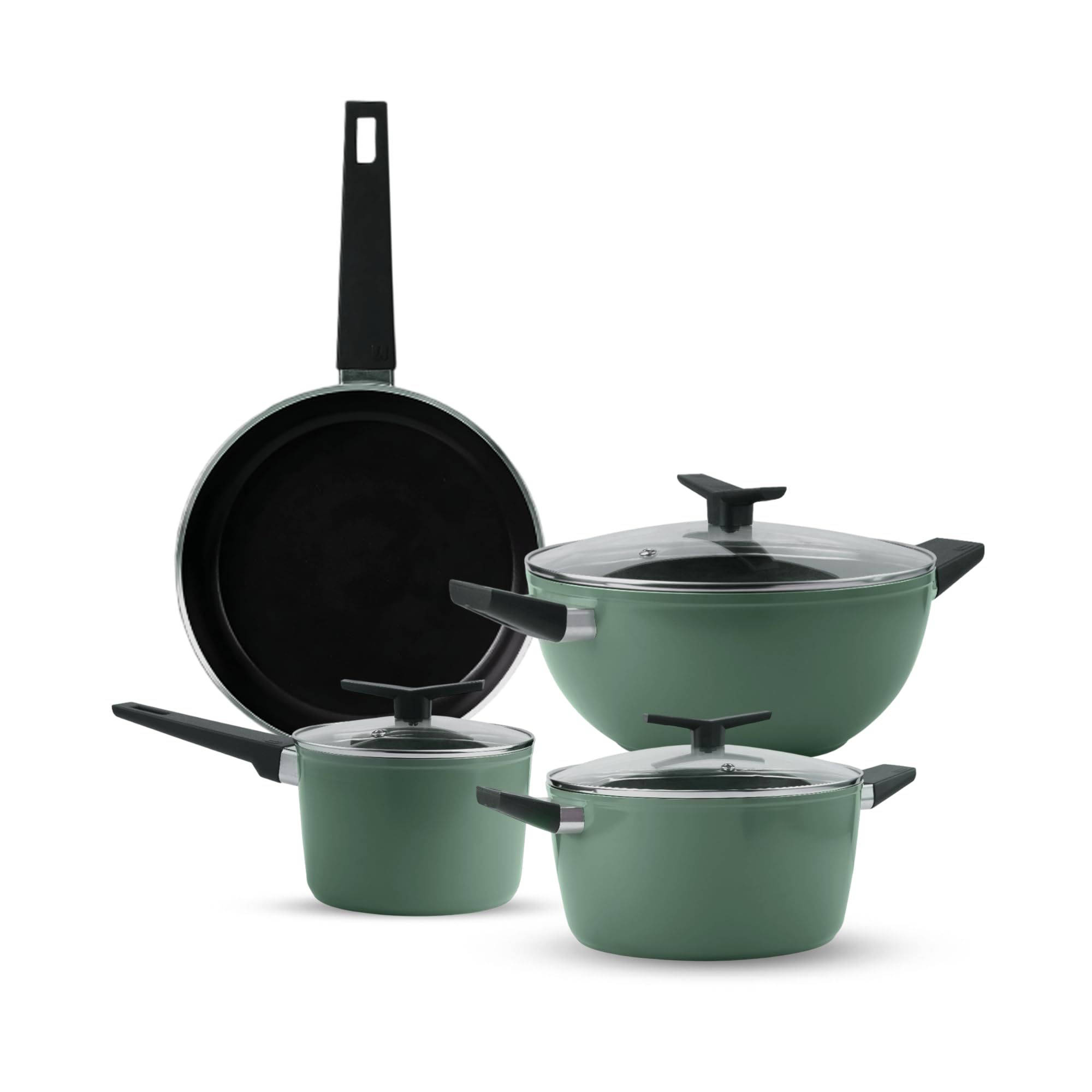 Tramontina Aura Cookware Set Of 7 Kadhai 28Cm With Lid, Fry Pan 24Cm, Sauce Pan 16Cm, Casserole 24Cm With Lid | Reinforced Ceram