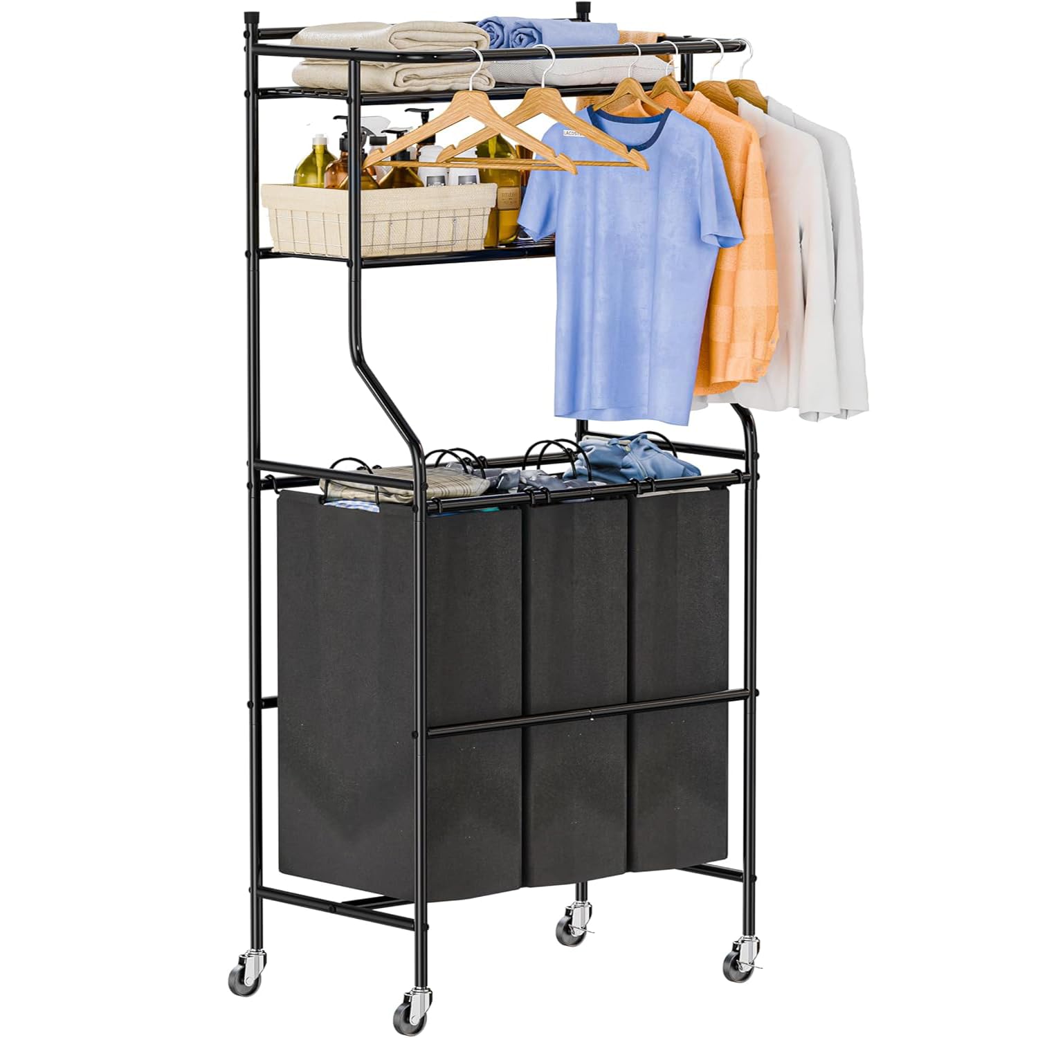 MWQ Laundry Sorter Cart with Hanging Rack and Lockable Wheels, Laundry Hamper 3 Section with 2 Tier Storage Shelves, Black