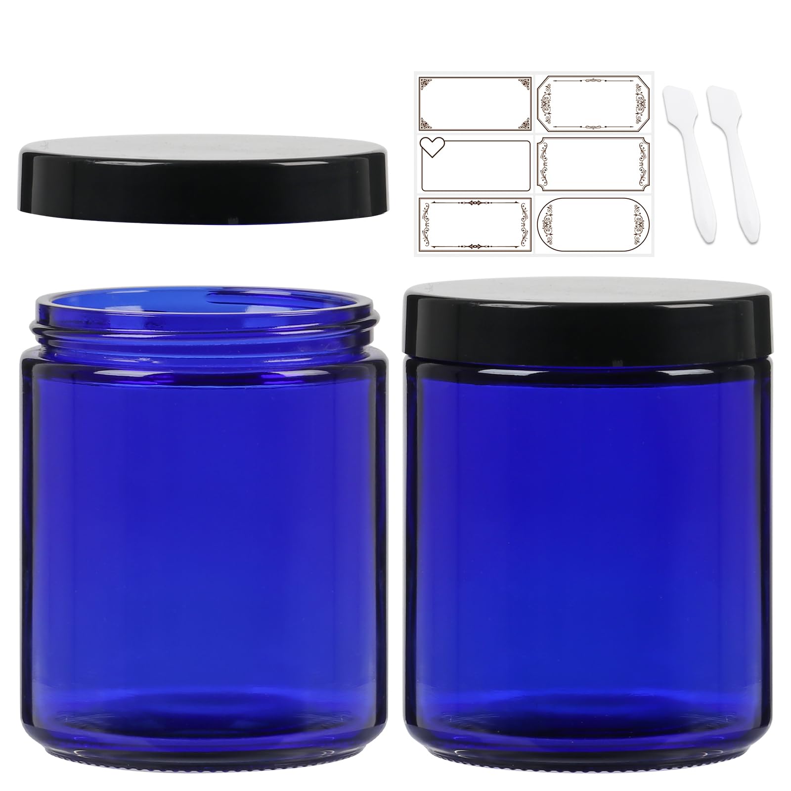 8 Oz Blue Round Glass Jars, Pack Of 2 With Black Lids, Cosmetics Containers For Face Cream Lotion, Powder, Candle, Spice, Body B