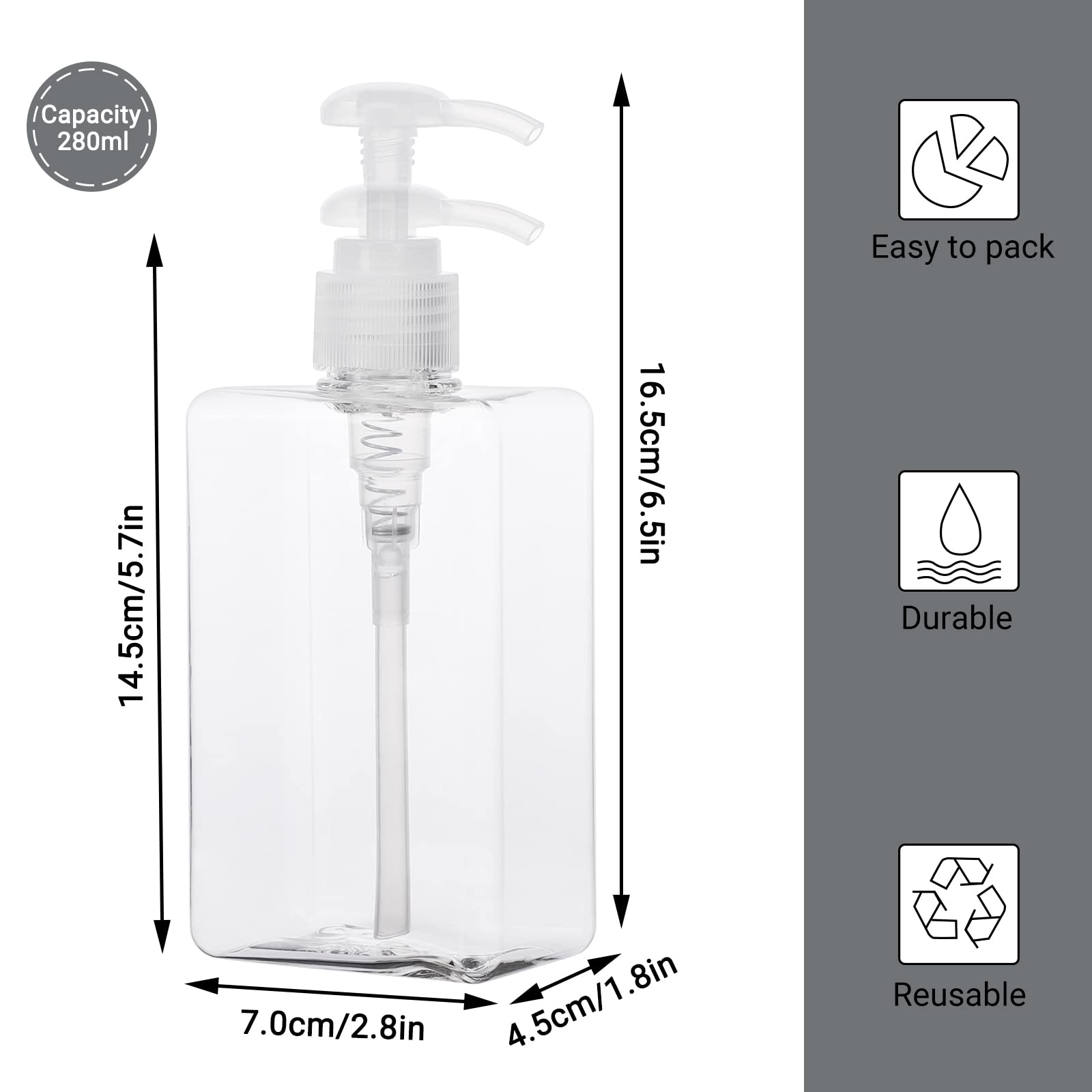 Suream Refillable Shampoo And Conditioner Bottles, 9.5Oz/280Ml Clear Plastic Pump Dispensers For Shower, Square Empty Bathroom B