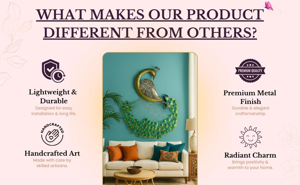 Himmart Hand Crafted Metal Led Peacock Hanging Wall Decor For Living Room Bedroom-56L X 36W Cm