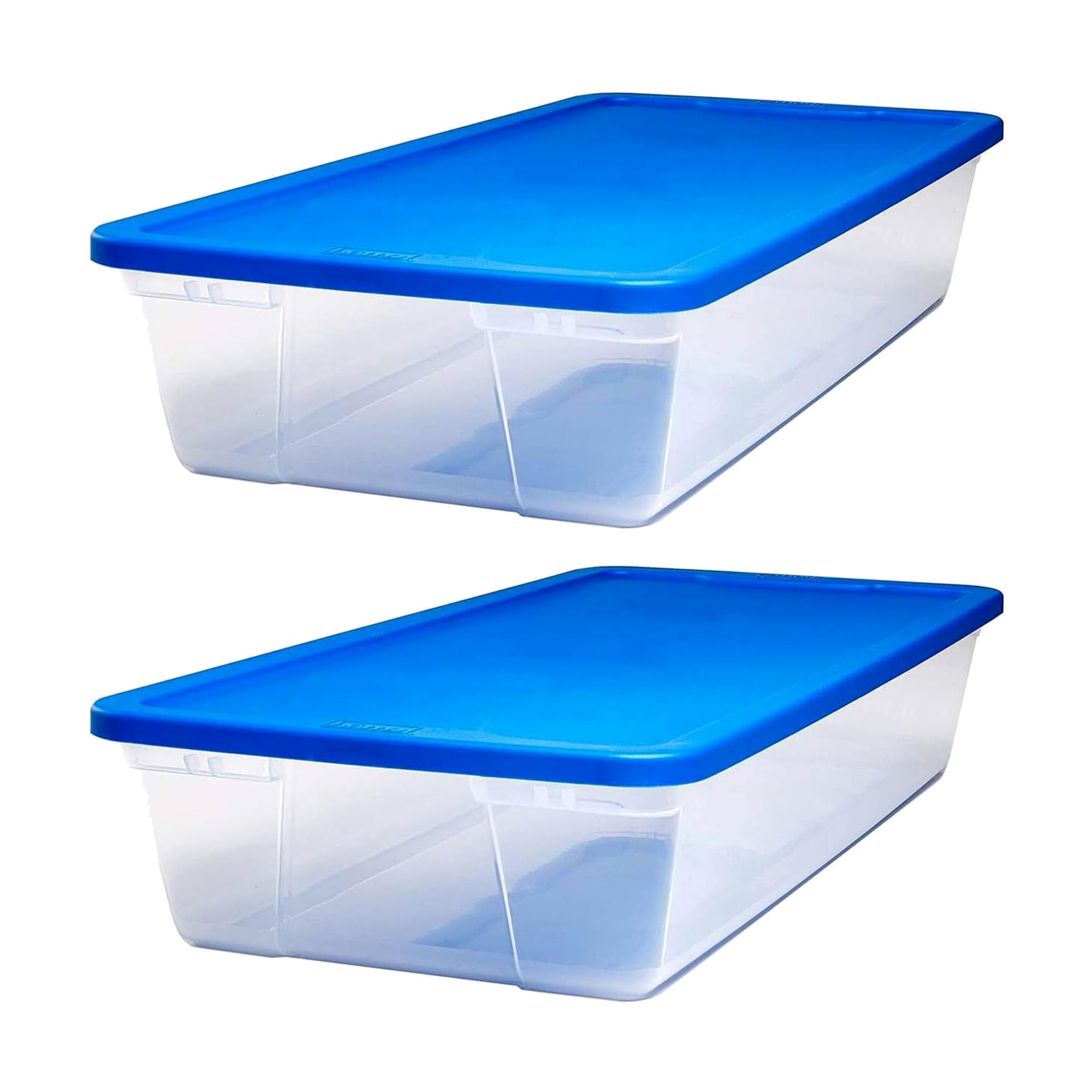 Homz 2 Pack Storage Bins, Clear Plastic Organizing Containers W/Blue Lids, 41 Quart